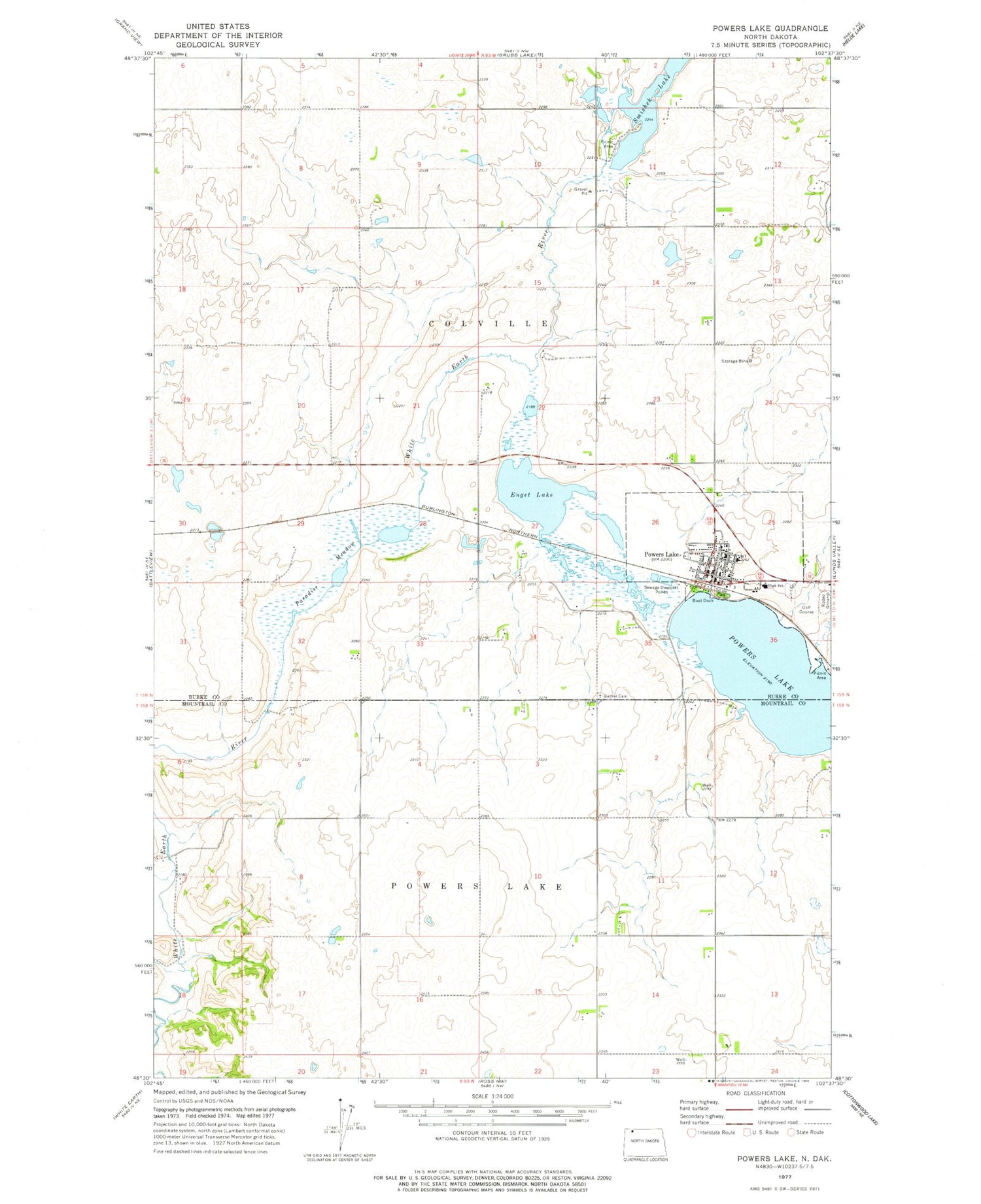 Classic USGS Powers Lake North Dakota 7.5'x7.5' Topo Map Image