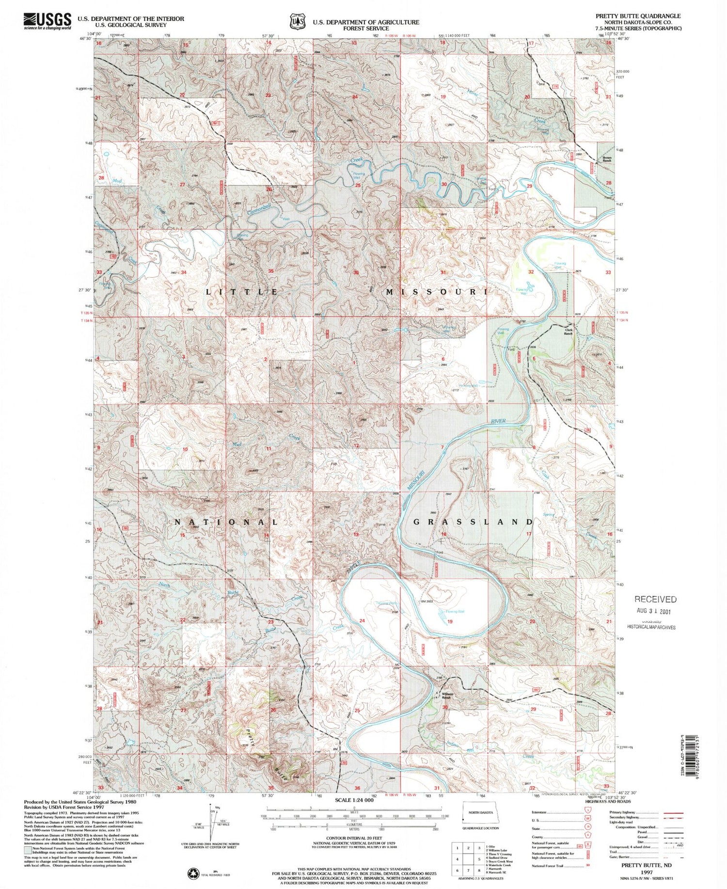Classic USGS Pretty Butte North Dakota 7.5'x7.5' Topo Map Image