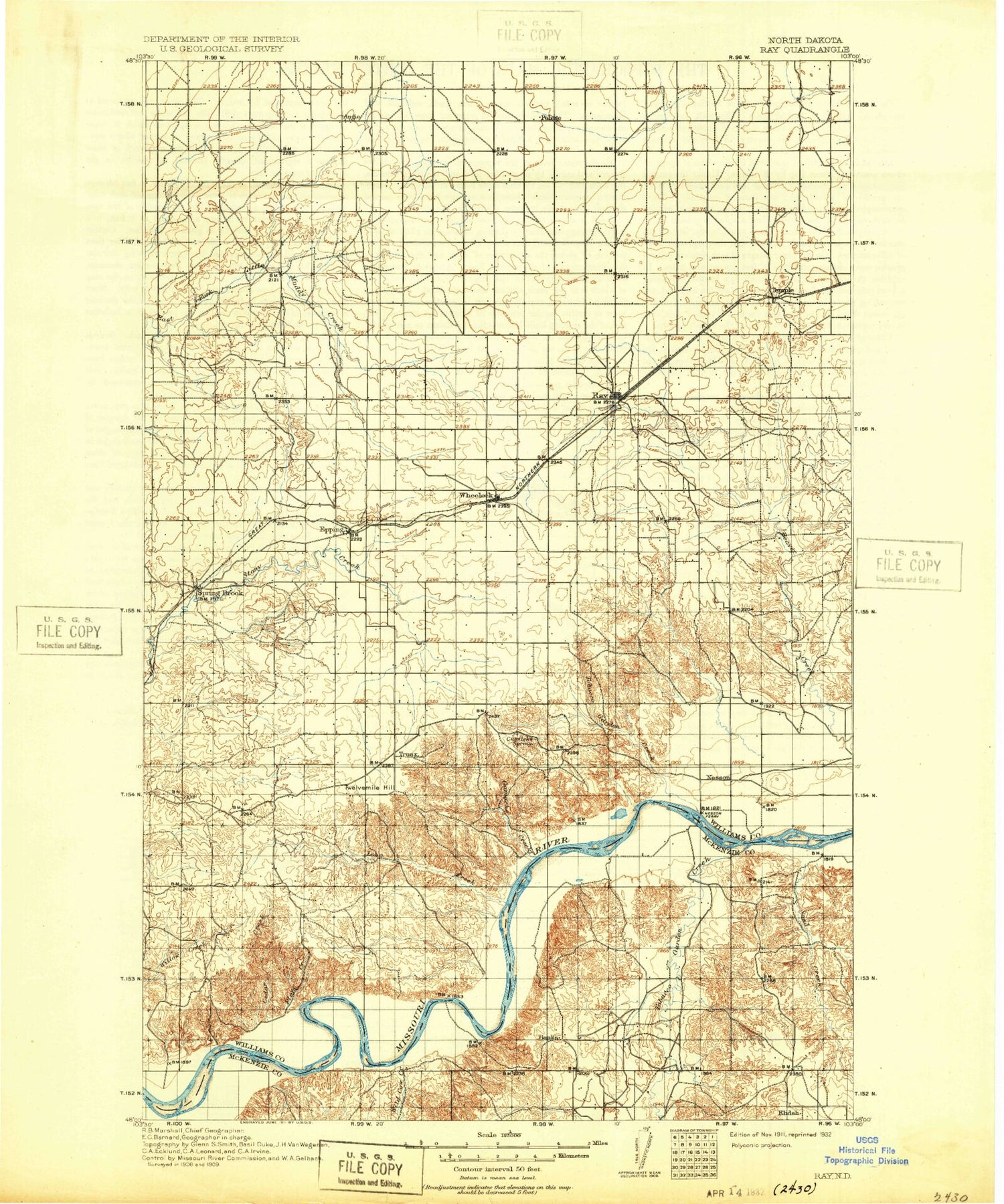 Historic 1911 Ray North Dakota 30'x30' Topo Map Image