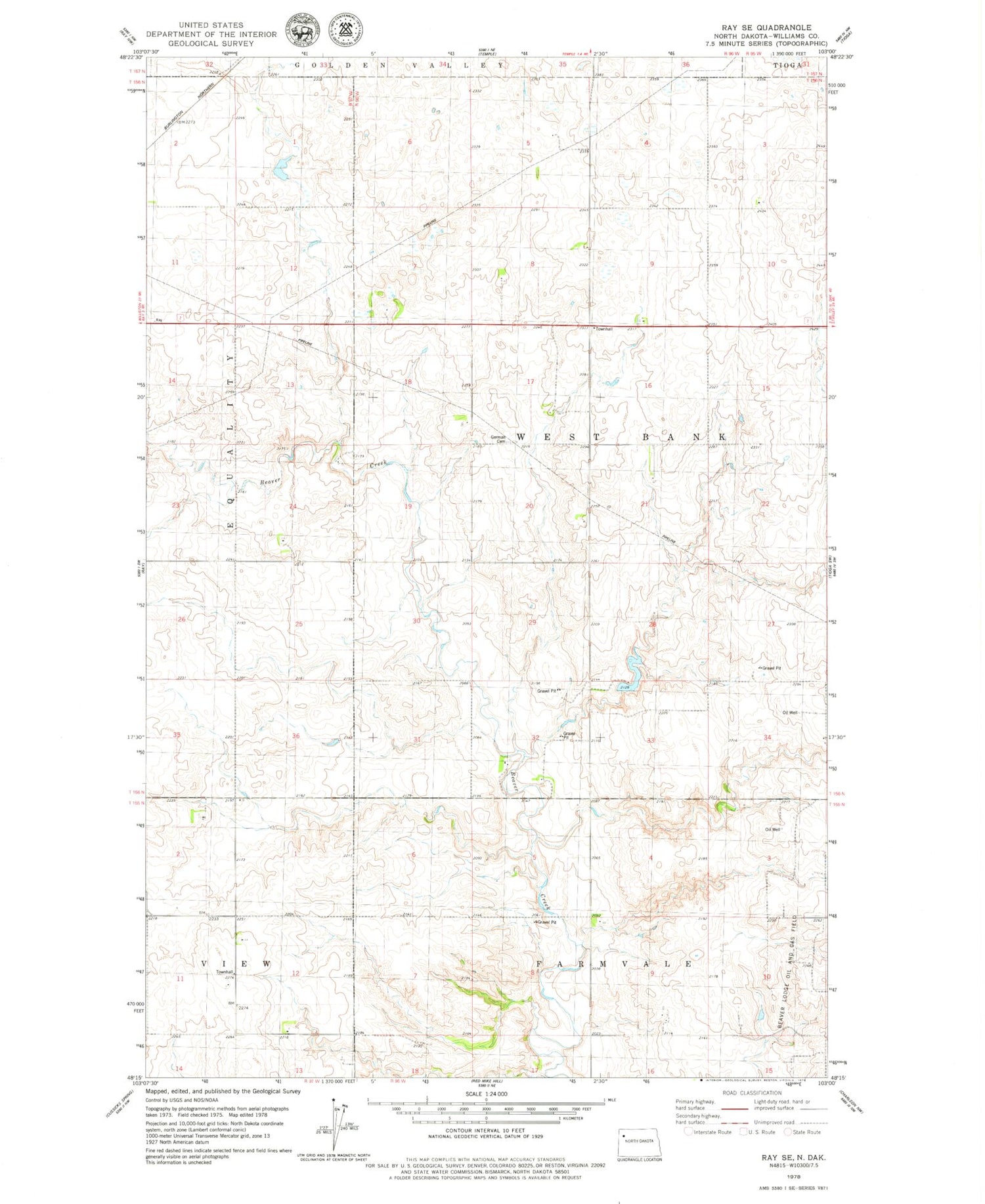 Classic USGS Ray SE North Dakota 7.5'x7.5' Topo Map Image