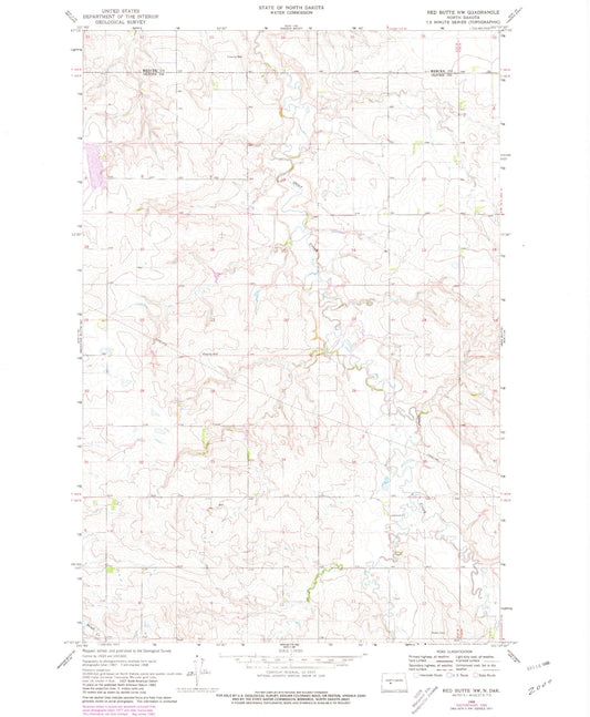 Classic USGS Red Butte NW North Dakota 7.5'x7.5' Topo Map Image