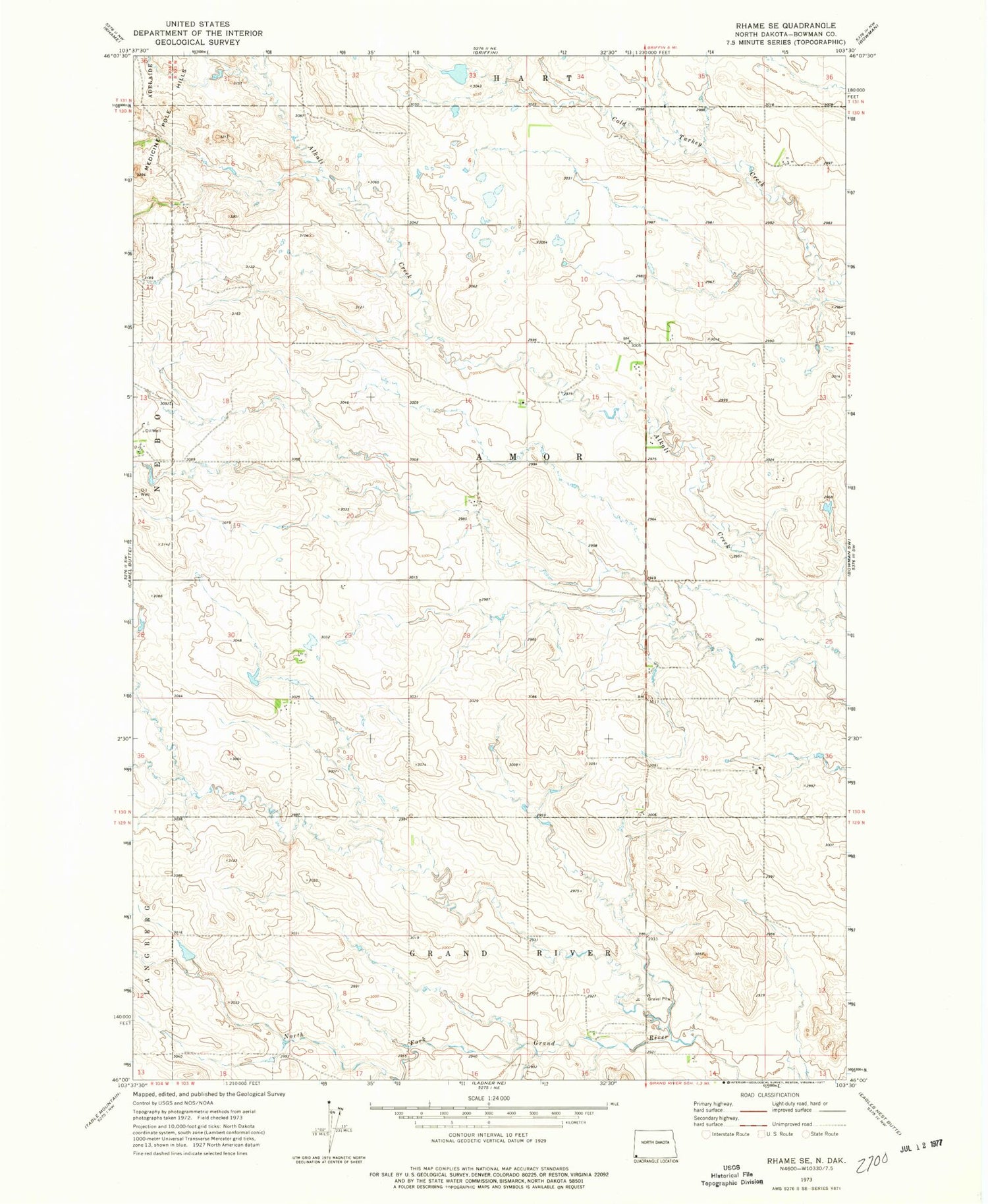 Classic USGS Rhame SE North Dakota 7.5'x7.5' Topo Map Image