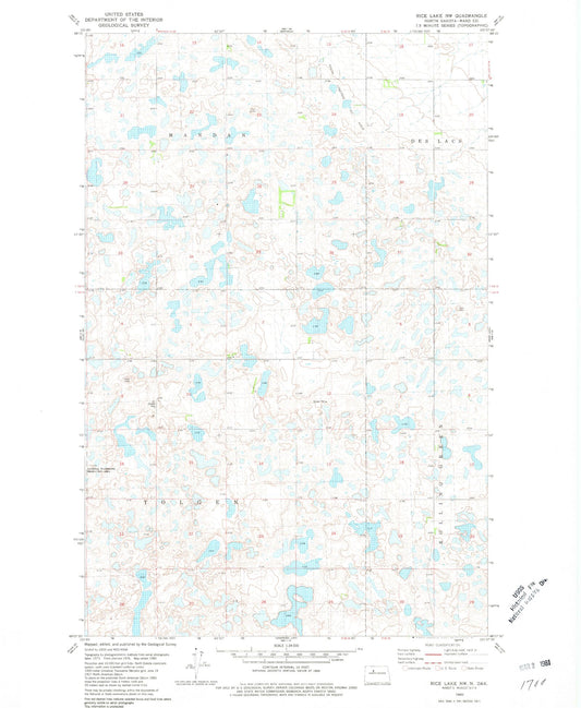 Classic USGS Rice Lake NW North Dakota 7.5'x7.5' Topo Map Image