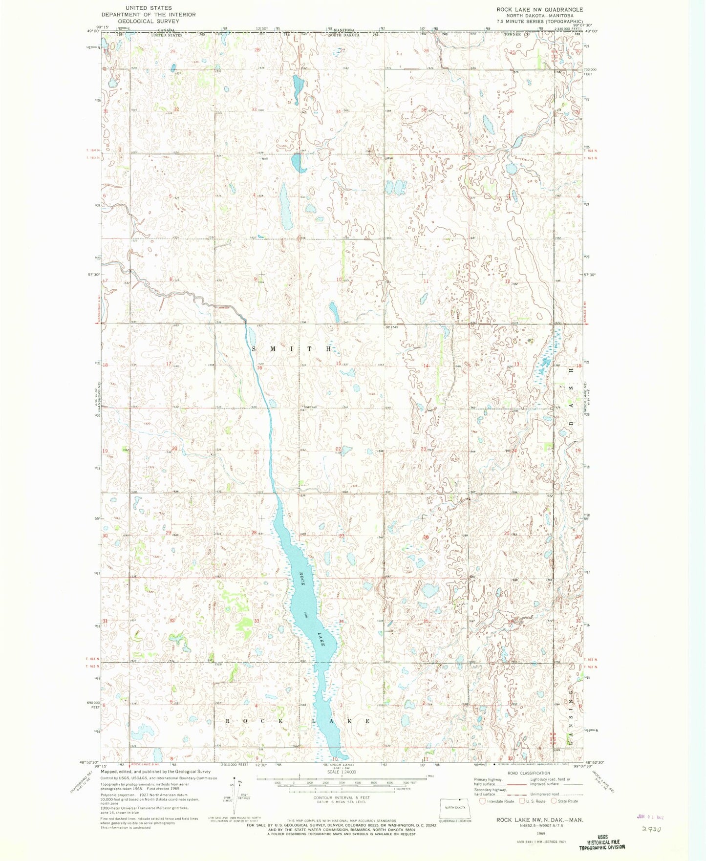 Classic USGS Rock Lake NW North Dakota 7.5'x7.5' Topo Map Image