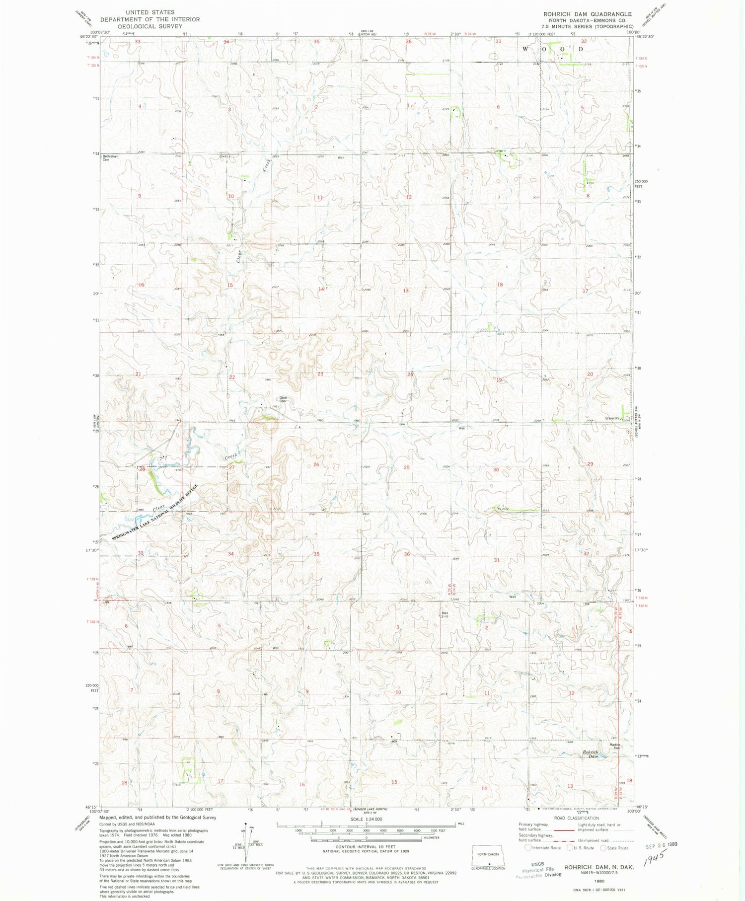 Classic USGS Rohrich Dam North Dakota 7.5'x7.5' Topo Map Image