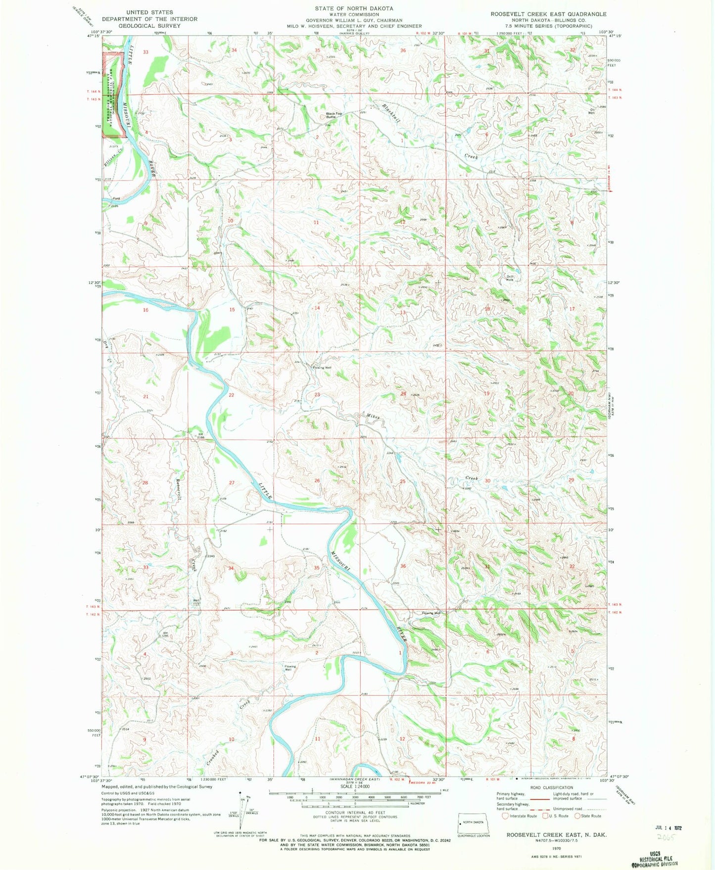 Classic USGS Roosevelt Creek East North Dakota 7.5'x7.5' Topo Map Image