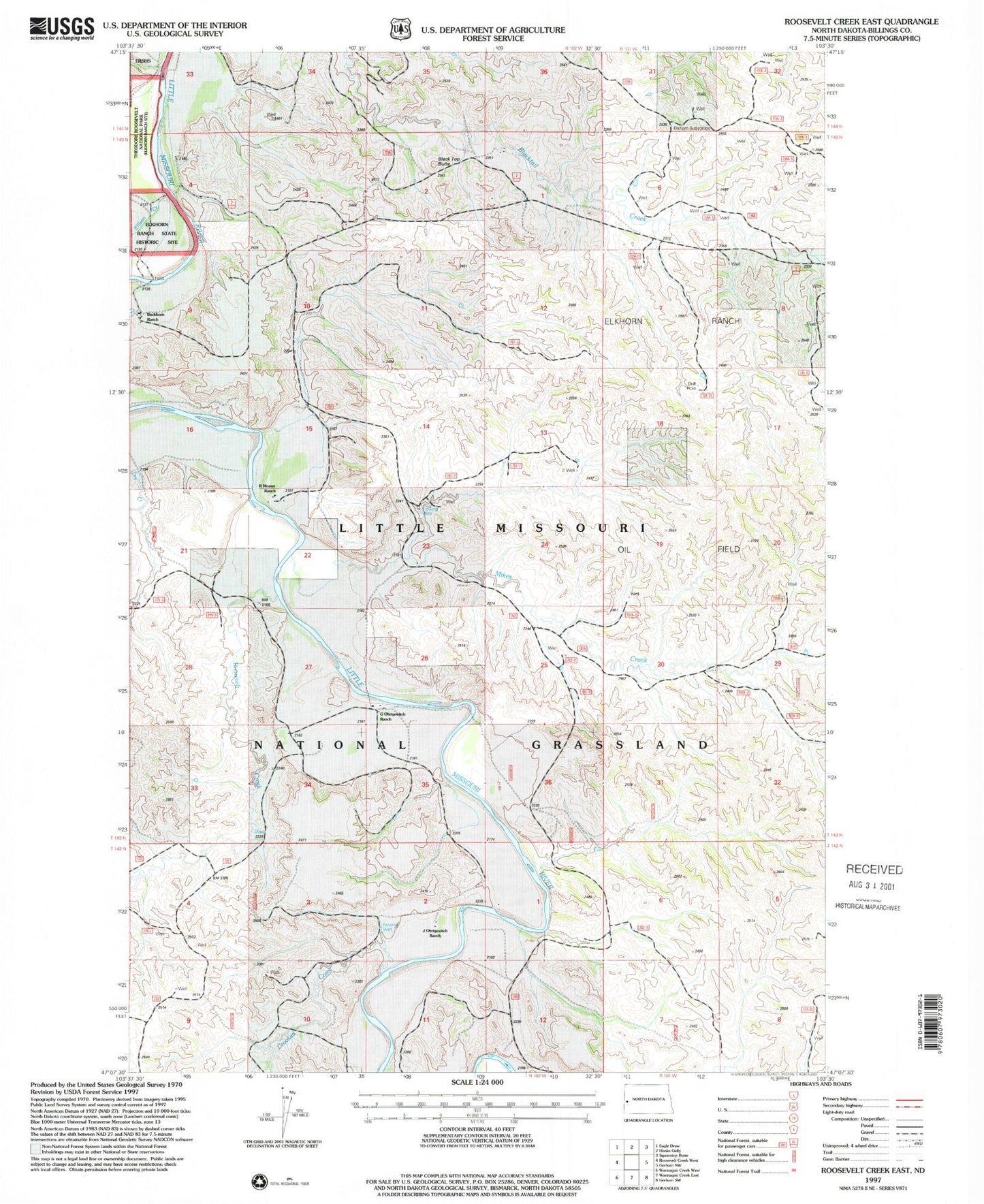 Classic USGS Roosevelt Creek East North Dakota 7.5'x7.5' Topo Map Image