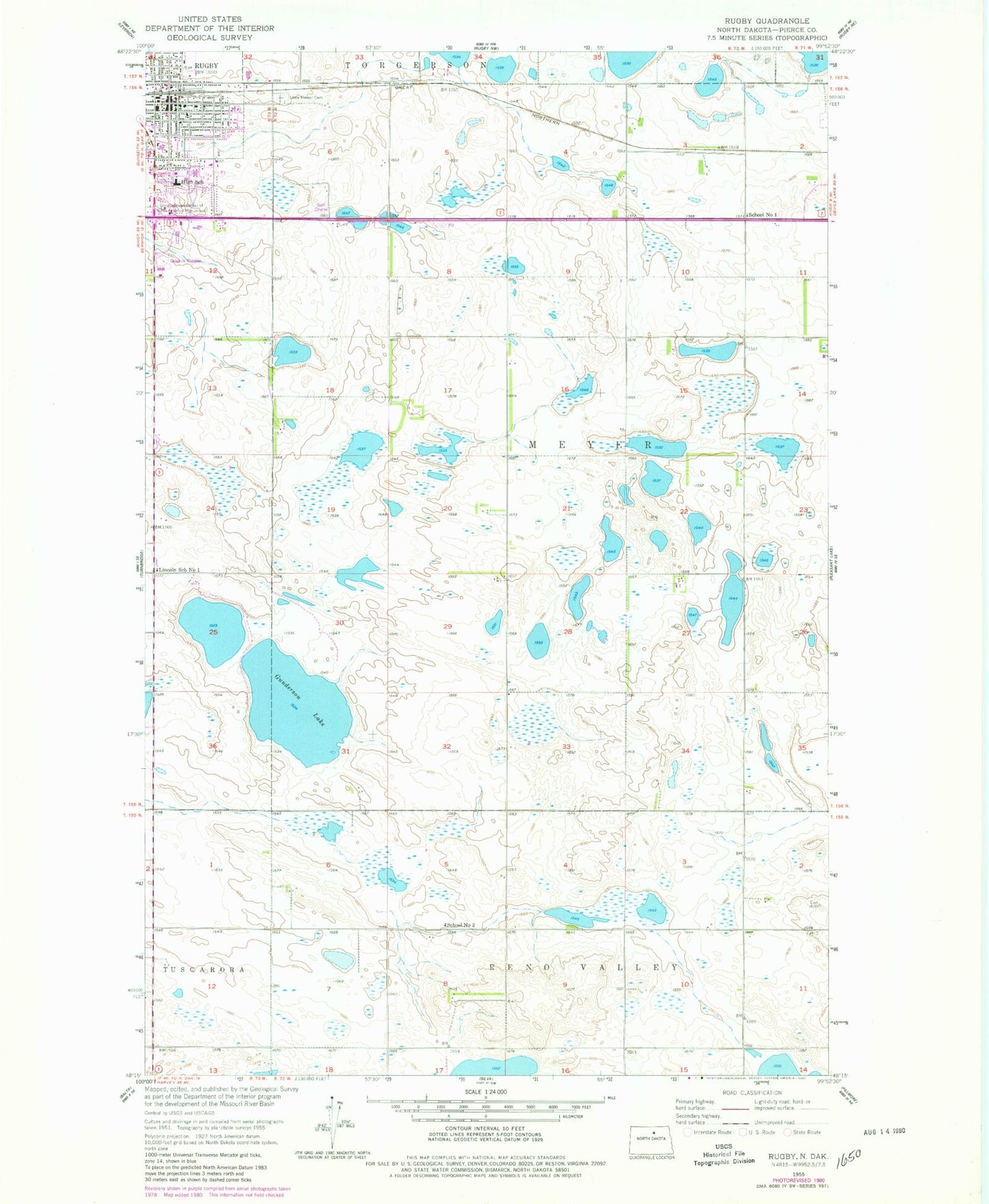 Classic USGS Rugby North Dakota 7.5'x7.5' Topo Map Image