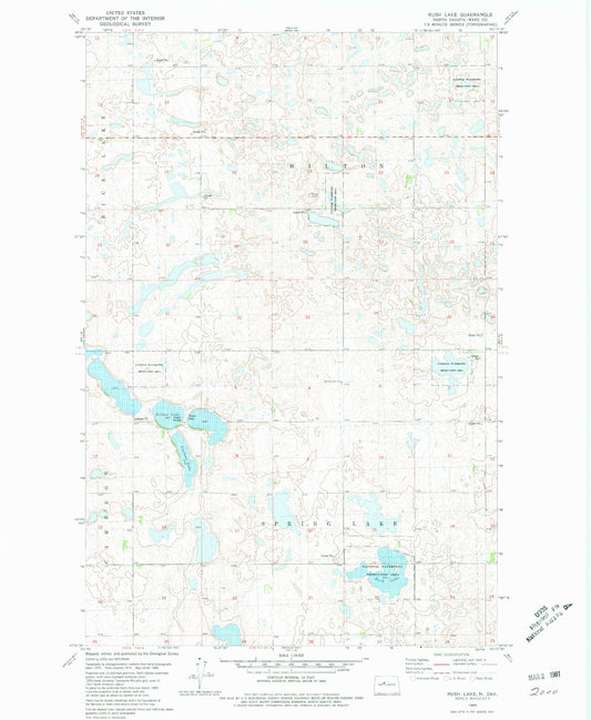 Classic USGS Rush Lake North Dakota 7.5'x7.5' Topo Map Image
