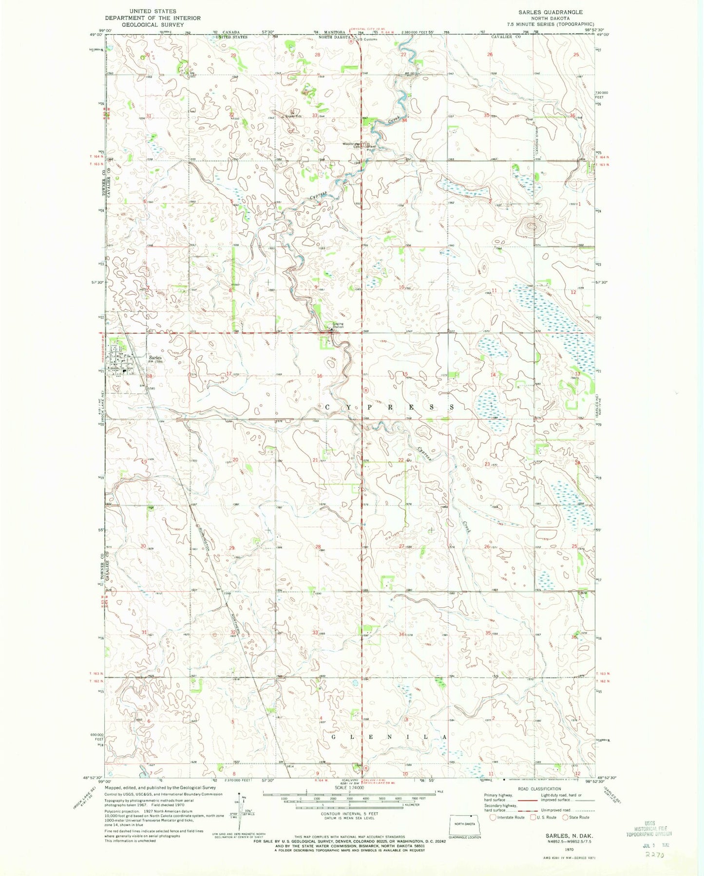 Classic USGS Sarles North Dakota 7.5'x7.5' Topo Map Image