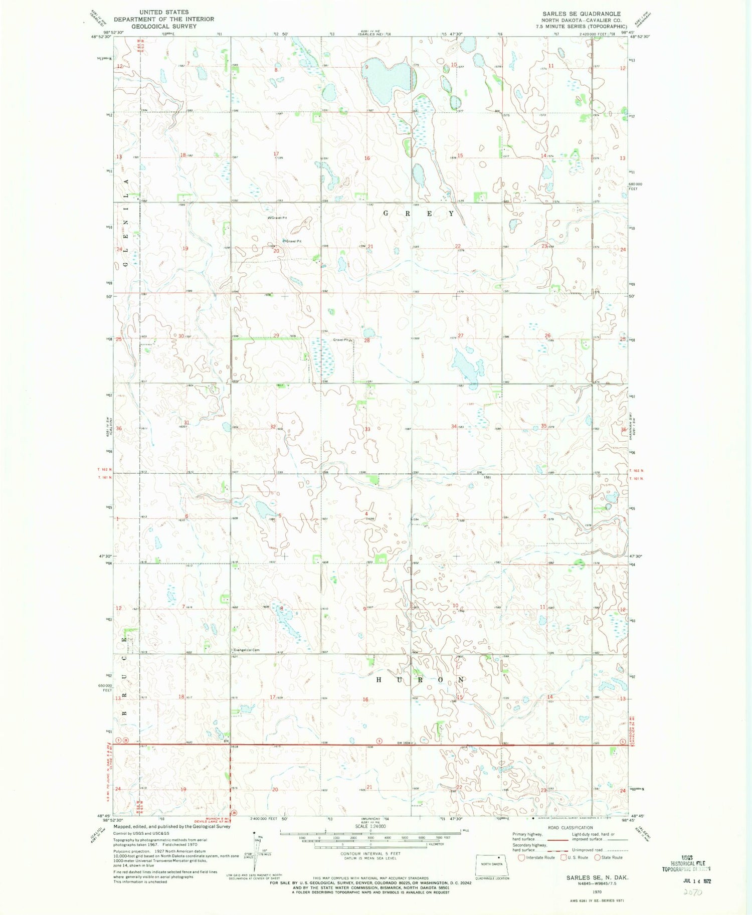 Classic USGS Sarles SE North Dakota 7.5'x7.5' Topo Map Image