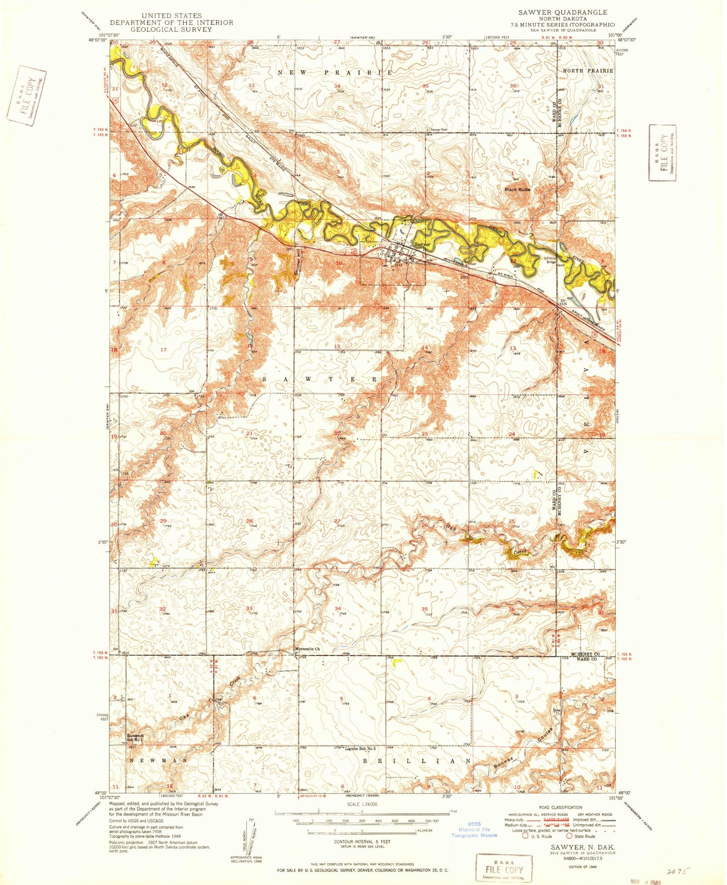 Classic USGS Sawyer North Dakota 7.5'x7.5' Topo Map Image