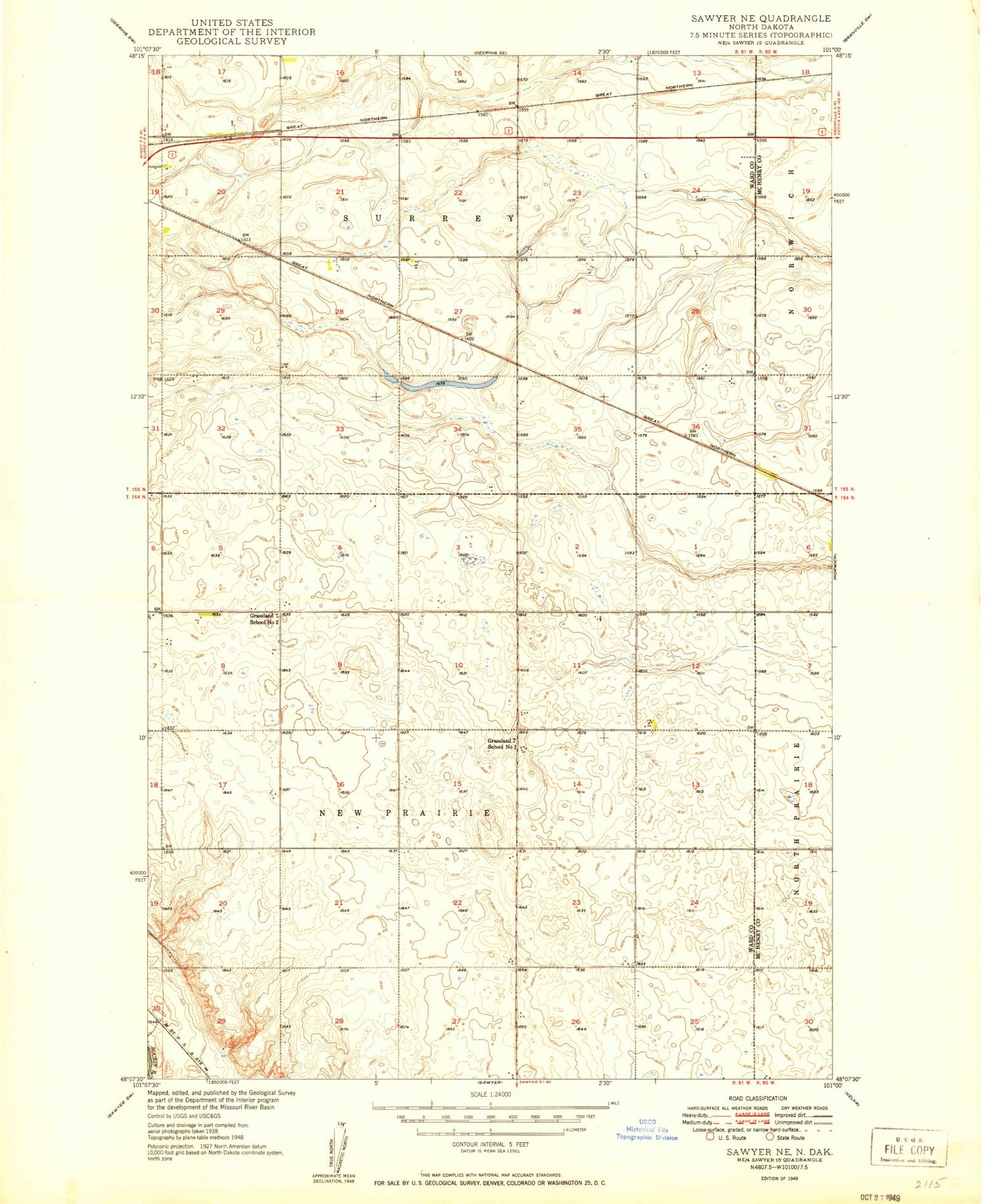 Classic USGS Sawyer NE North Dakota 7.5'x7.5' Topo Map Image