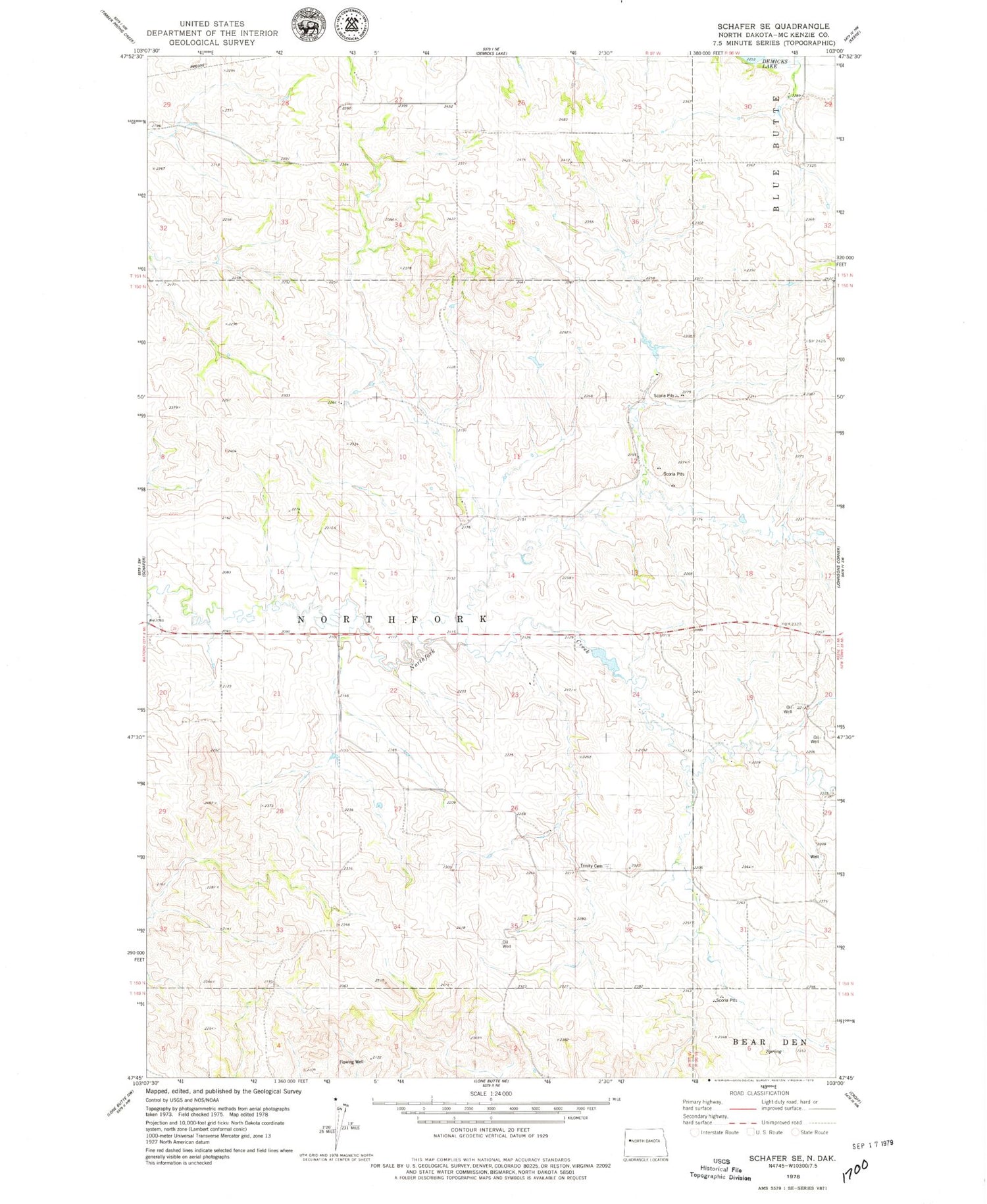 Classic USGS Schafer SE North Dakota 7.5'x7.5' Topo Map Image