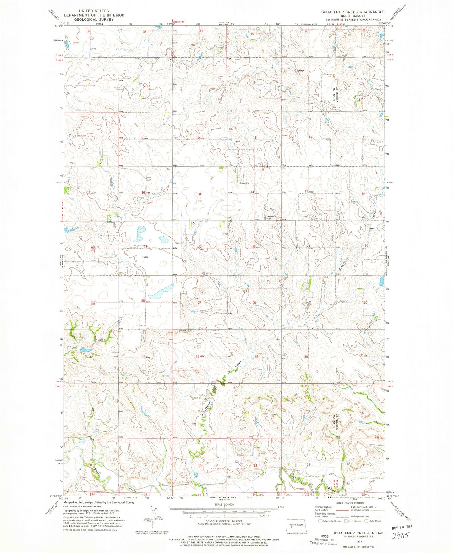 Classic USGS Schaffner Creek North Dakota 7.5'x7.5' Topo Map Image