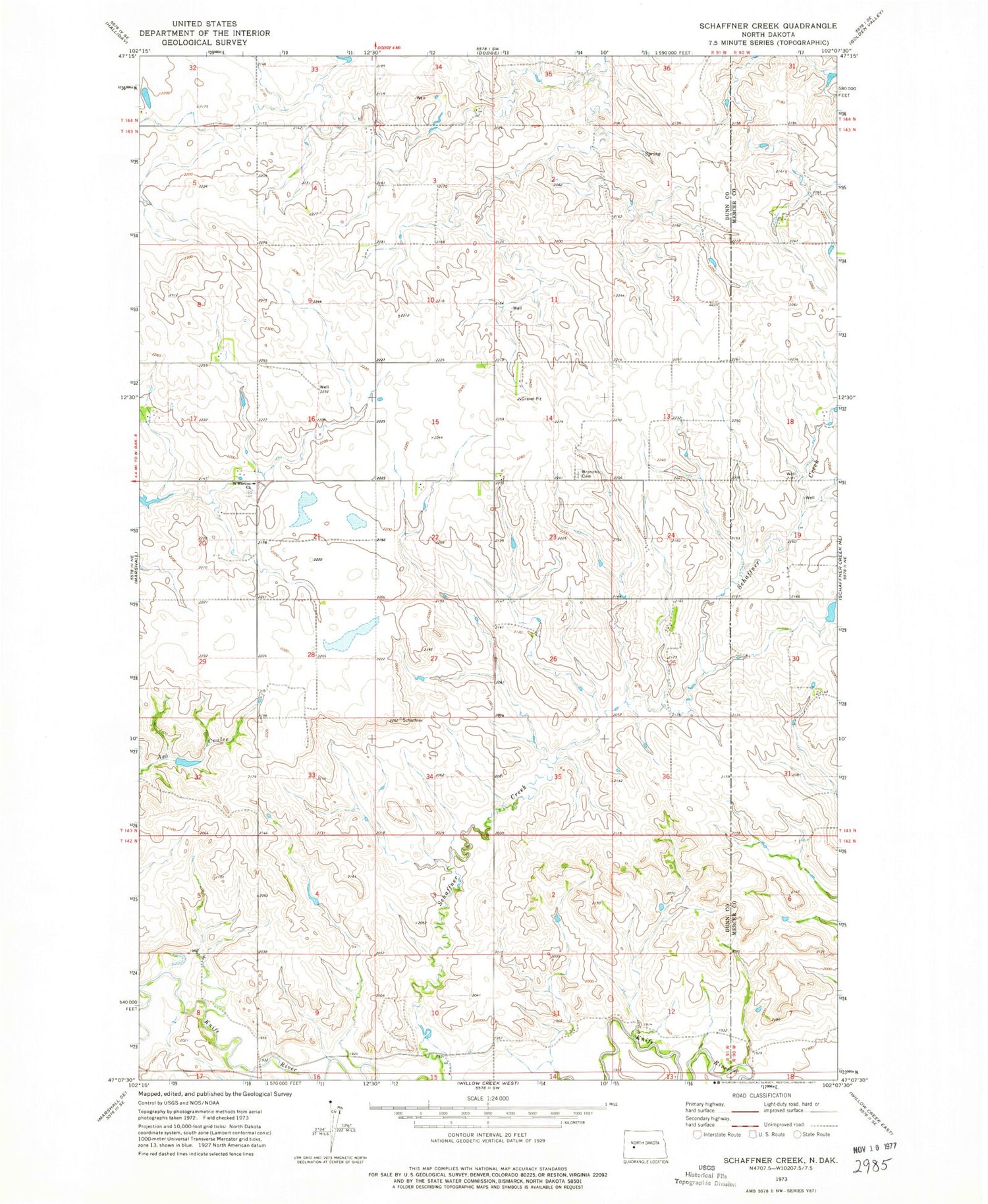 Classic USGS Schaffner Creek North Dakota 7.5'x7.5' Topo Map Image