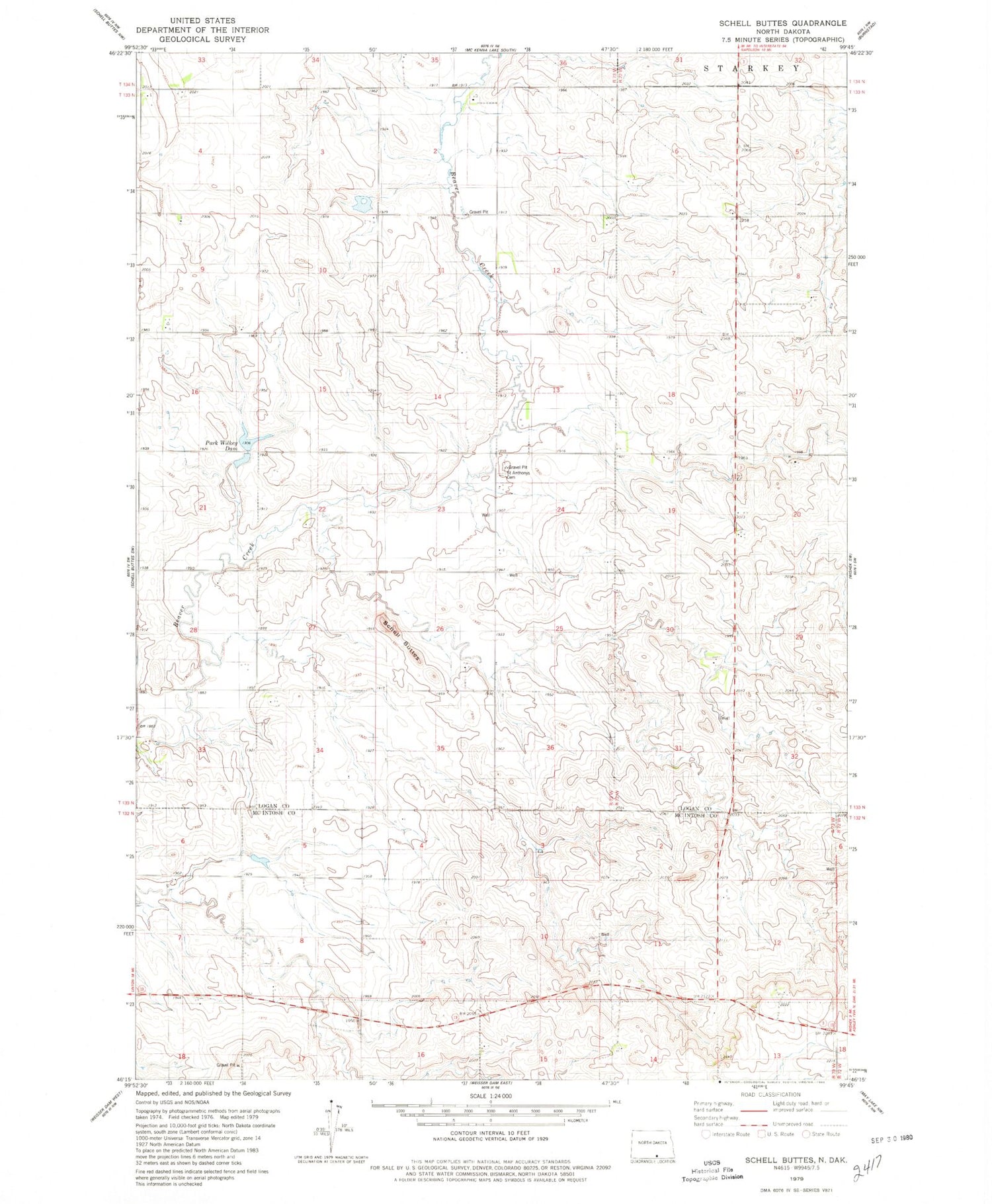 Classic USGS Schell Buttes North Dakota 7.5'x7.5' Topo Map Image