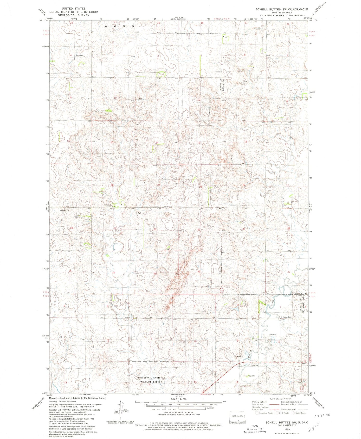 Classic USGS Schell Buttes SW North Dakota 7.5'x7.5' Topo Map Image