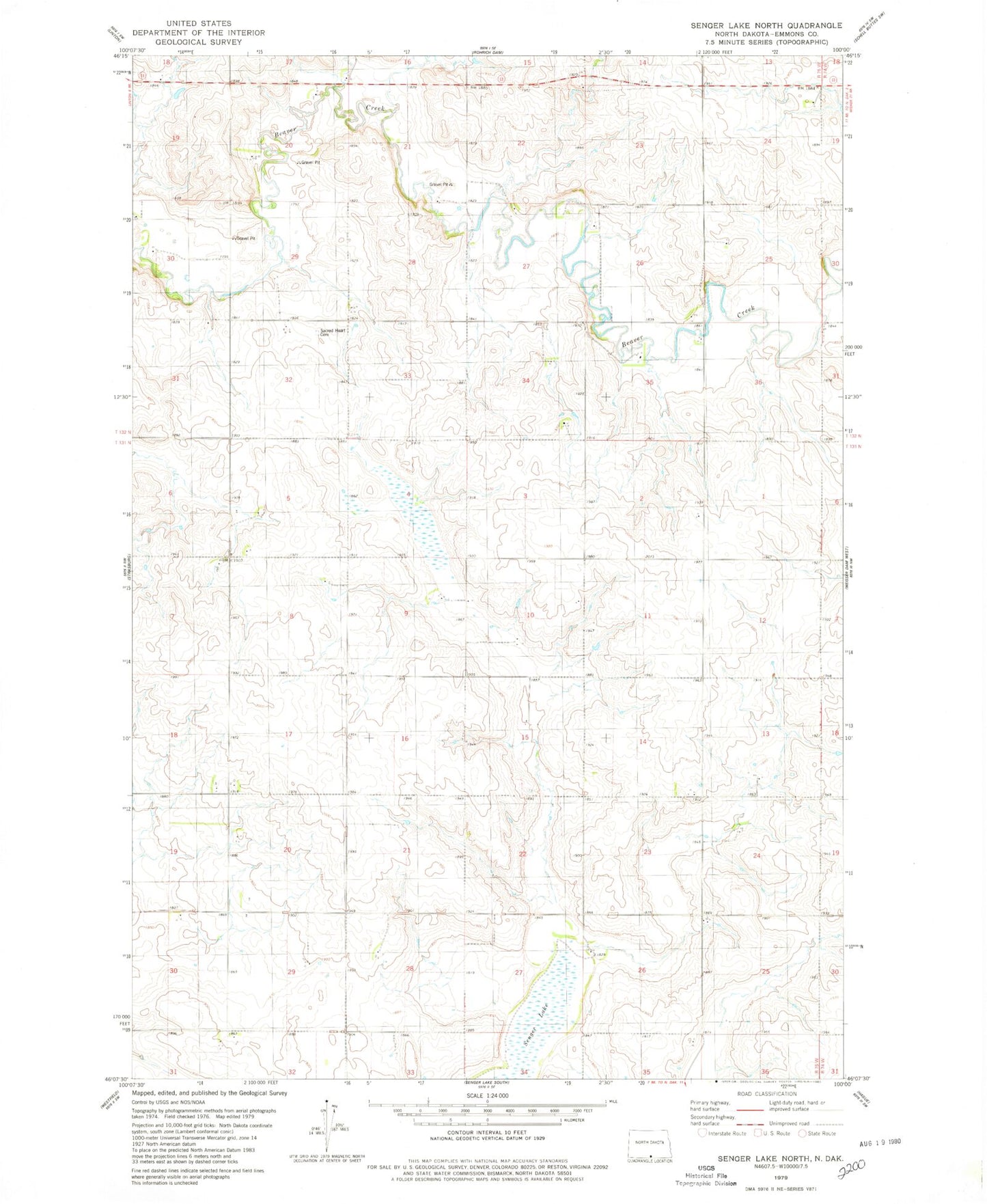 Classic USGS Senger Lake North North Dakota 7.5'x7.5' Topo Map Image