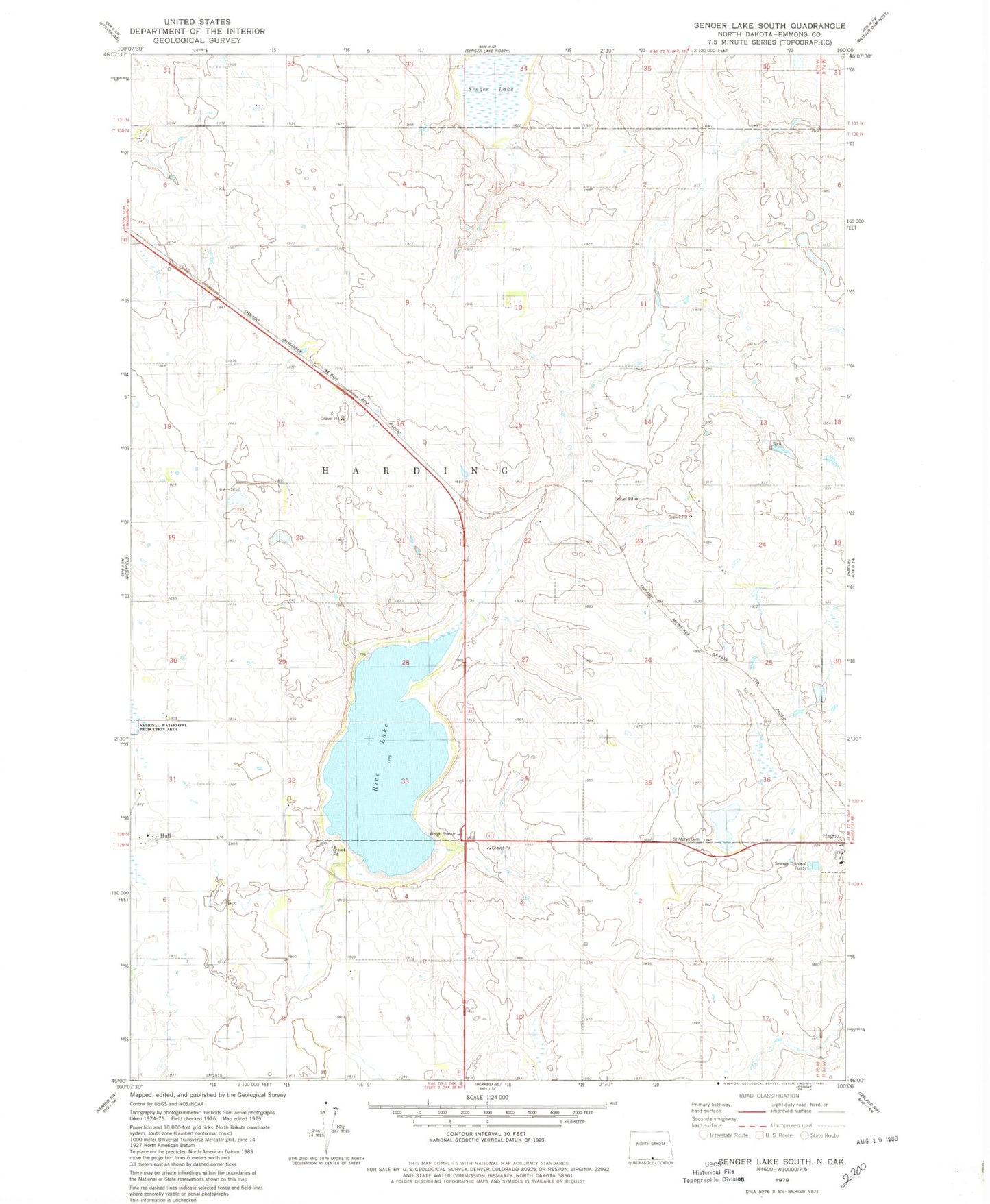 Classic USGS Senger Lake South North Dakota 7.5'x7.5' Topo Map Image