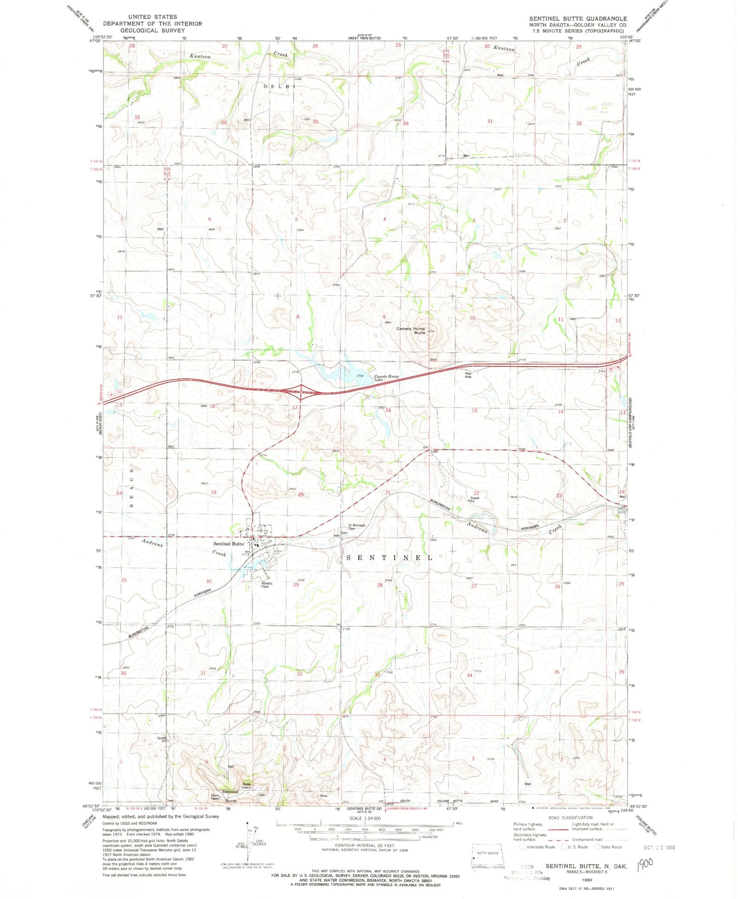 Classic USGS Sentinel Butte North Dakota 7.5'x7.5' Topo Map Image
