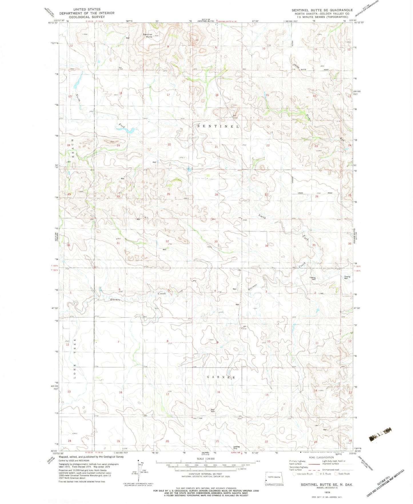 Classic USGS Sentinel Butte SE North Dakota 7.5'x7.5' Topo Map Image