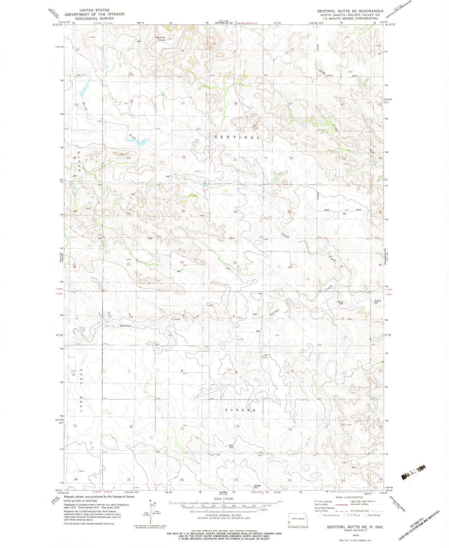 Classic USGS Sentinel Butte SE North Dakota 7.5'x7.5' Topo Map Image
