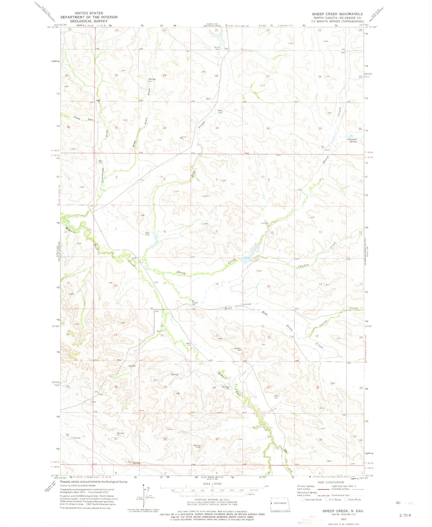 Classic USGS Sheep Creek North Dakota 7.5'x7.5' Topo Map Image