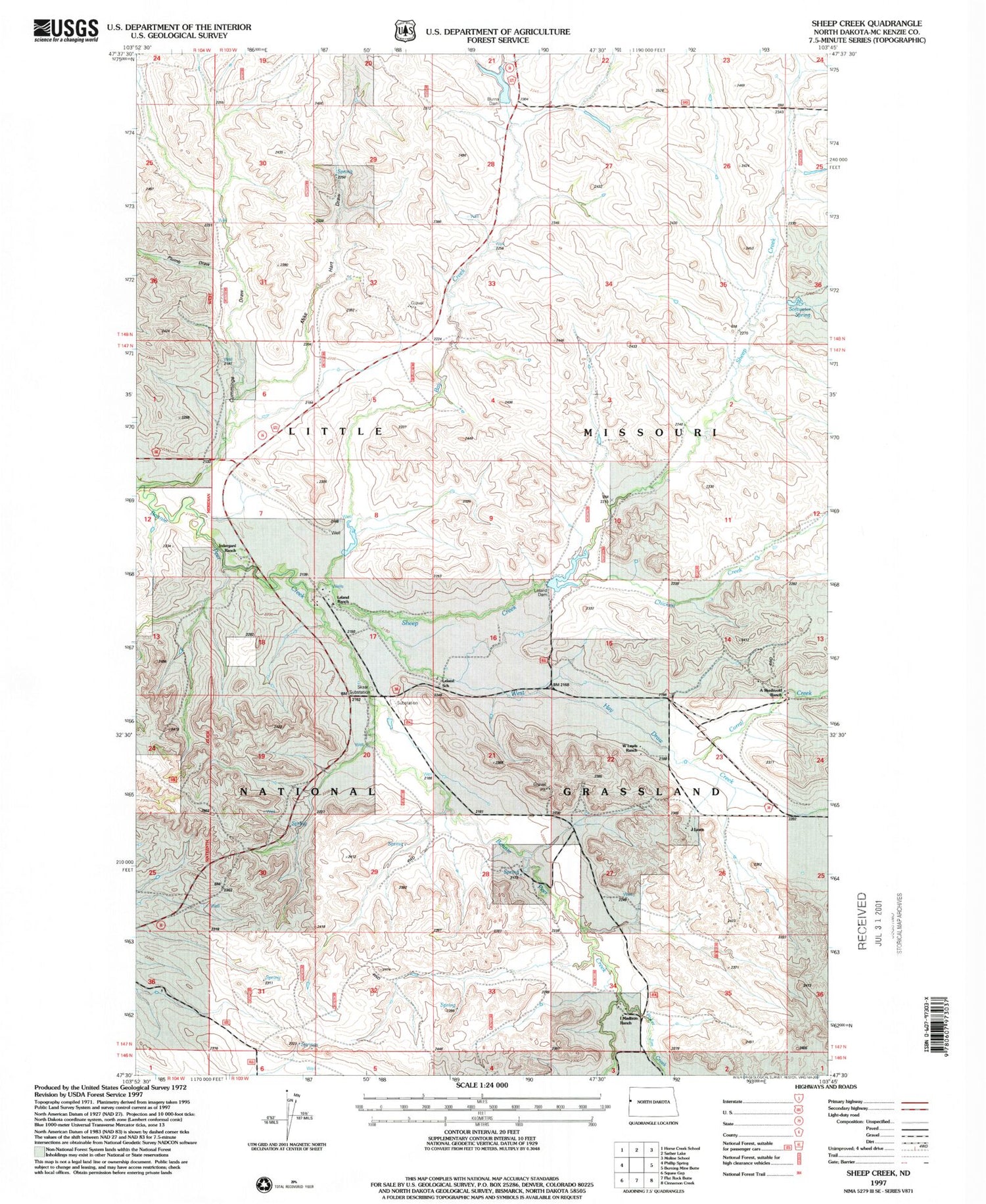 Classic USGS Sheep Creek North Dakota 7.5'x7.5' Topo Map Image