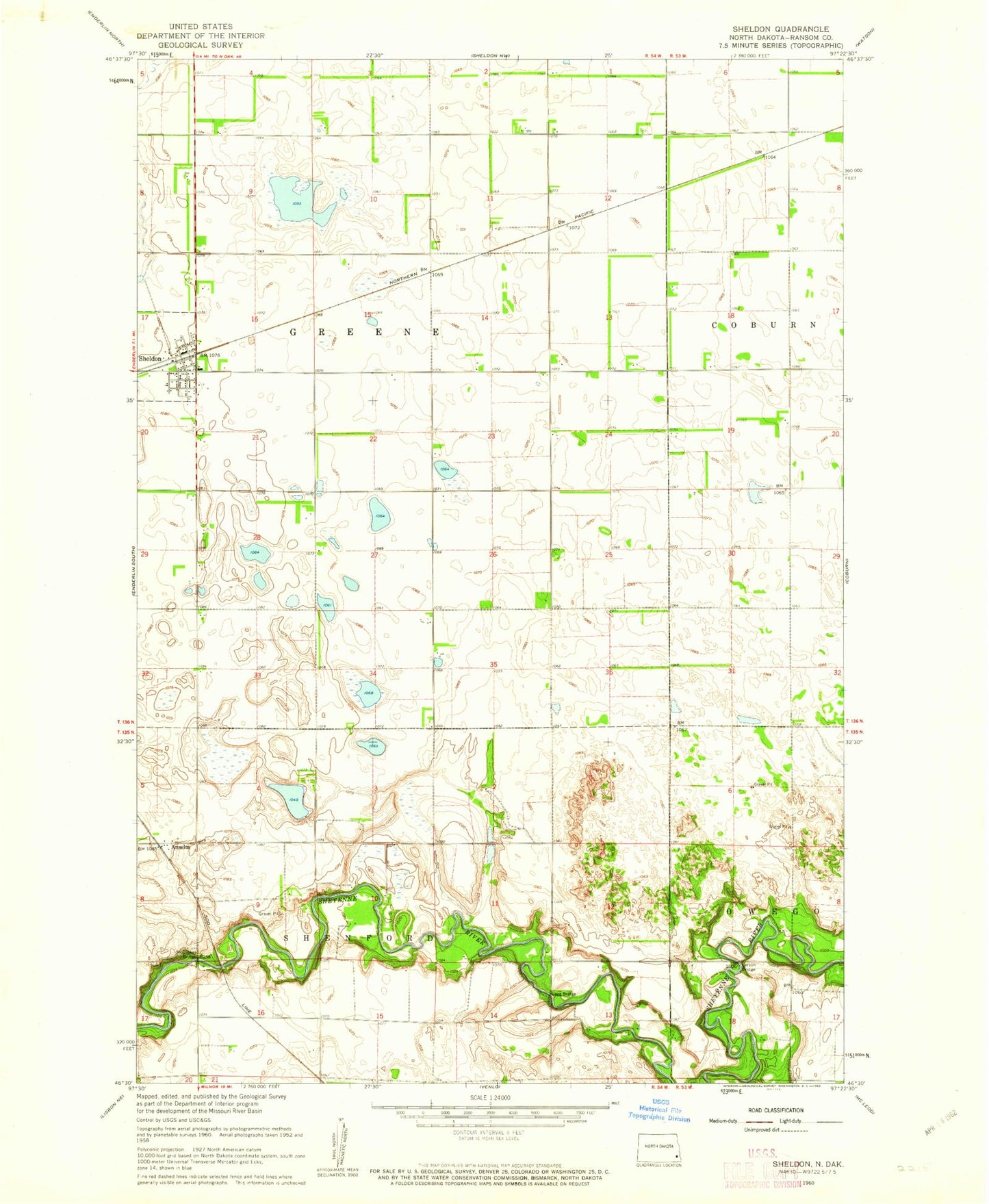 Classic USGS Sheldon North Dakota 7.5'x7.5' Topo Map Image