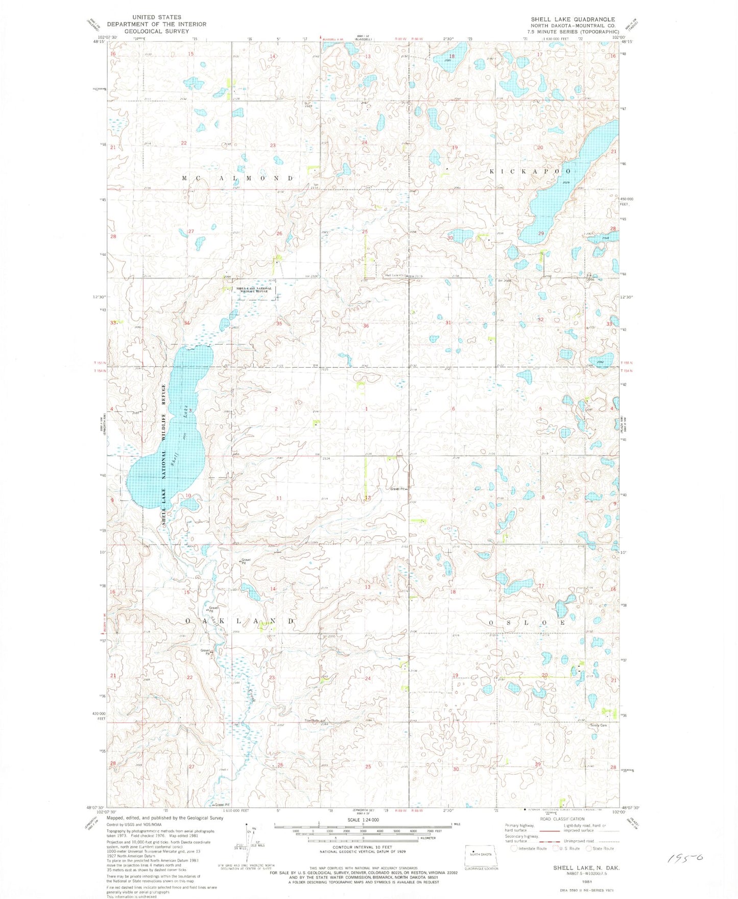 Classic USGS Shell Lake North Dakota 7.5'x7.5' Topo Map Image