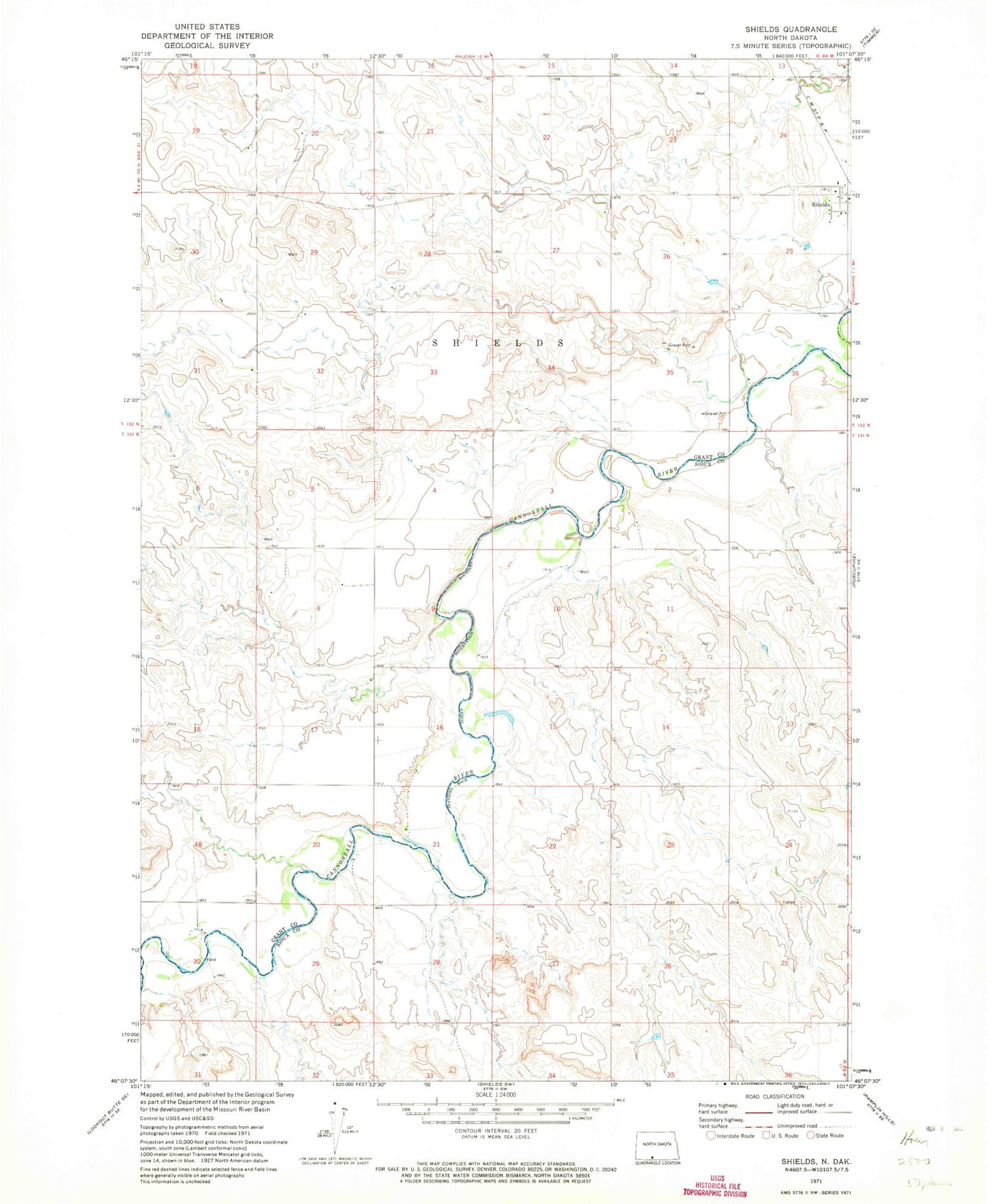 Classic USGS Shields North Dakota 7.5'x7.5' Topo Map Image