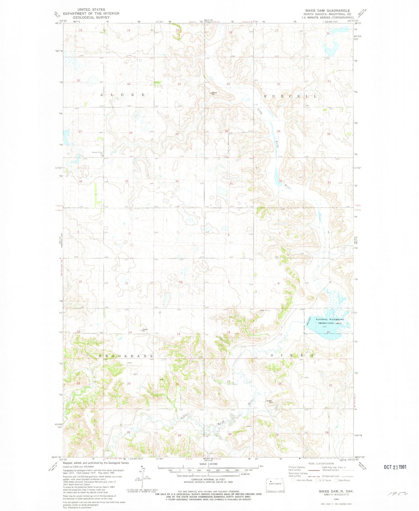 Classic USGS Sikes Dam North Dakota 7.5'x7.5' Topo Map Image