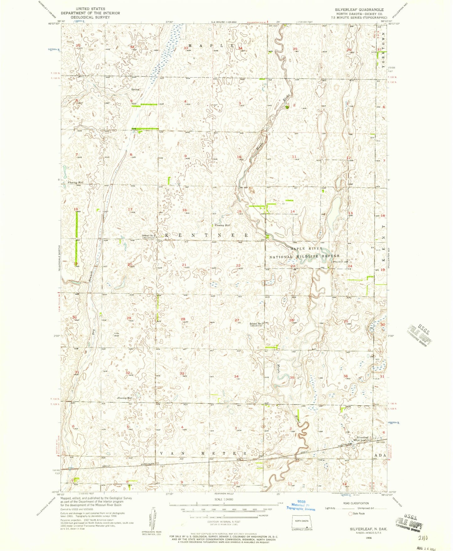 Classic USGS Silverleaf North Dakota 7.5'x7.5' Topo Map Image