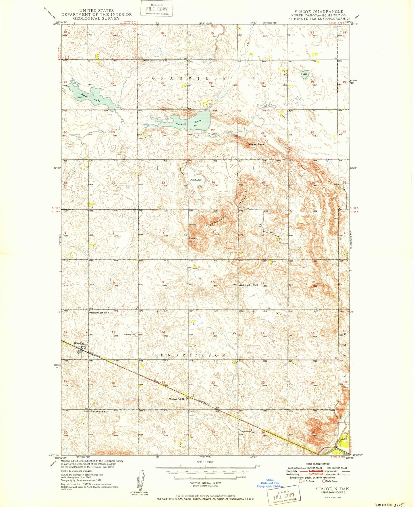 Classic USGS Simcoe North Dakota 7.5'x7.5' Topo Map Image