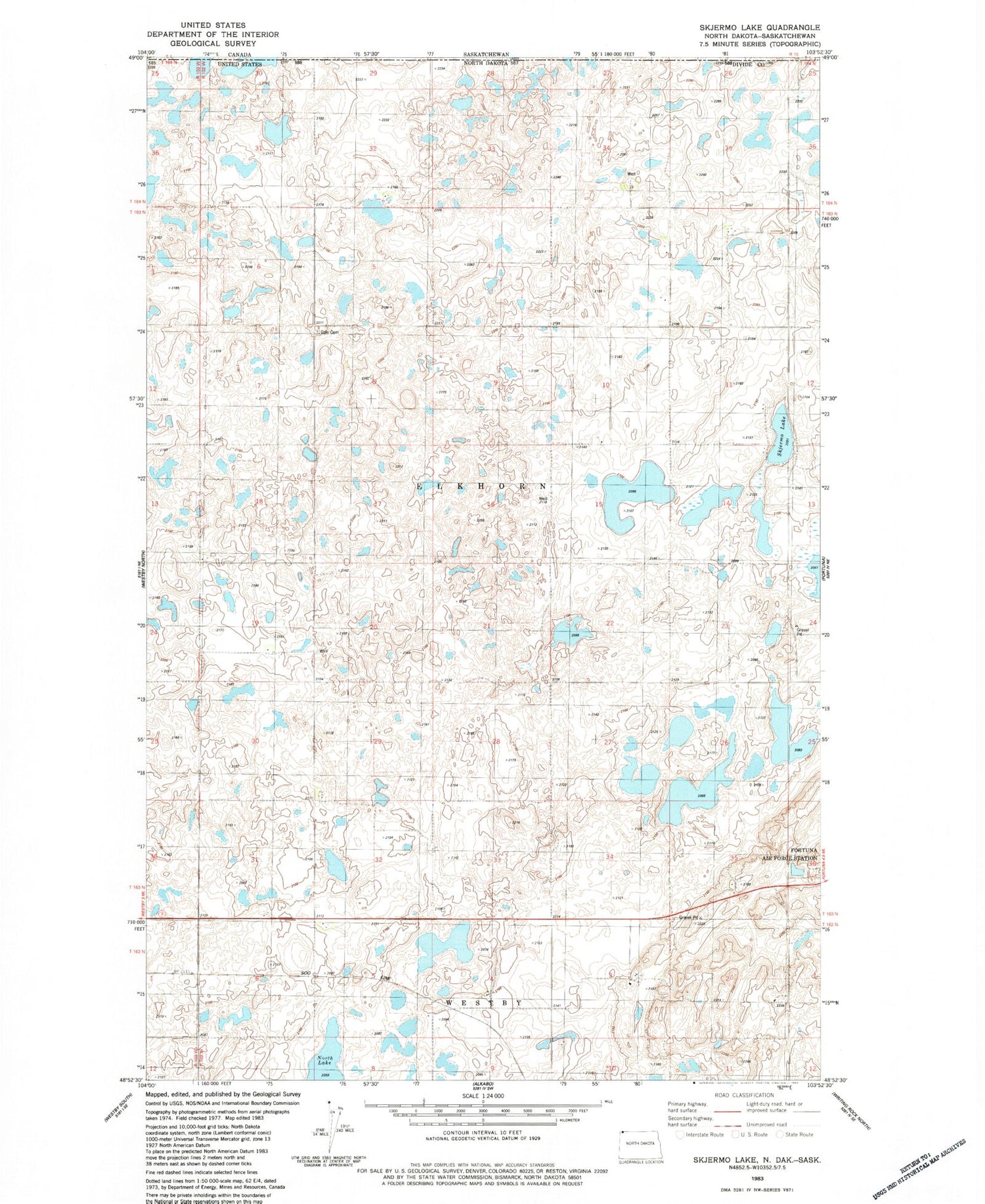 Classic USGS Skjermo Lake North Dakota 7.5'x7.5' Topo Map Image