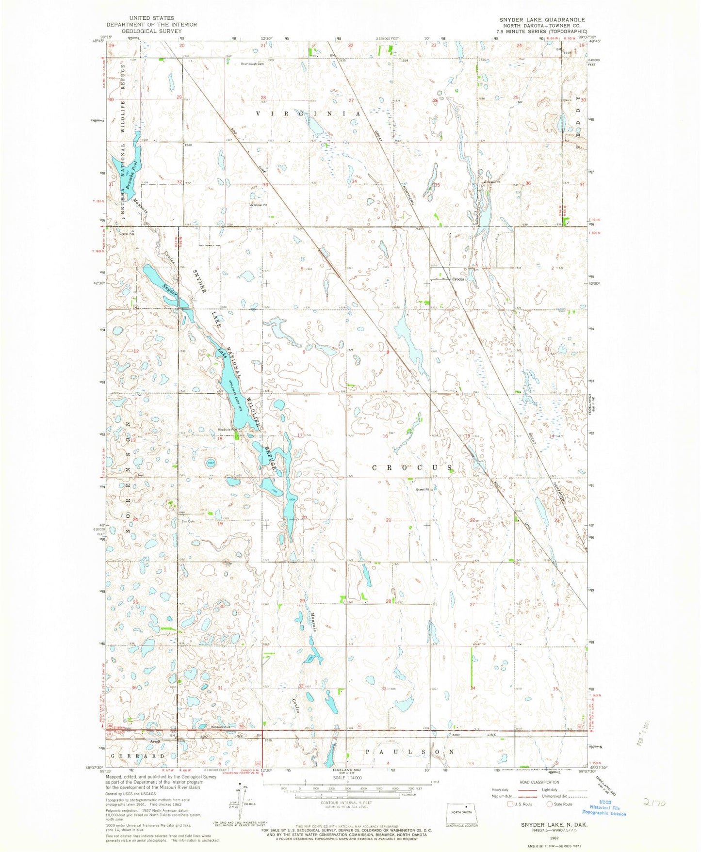Classic USGS Snyder Lake North Dakota 7.5'x7.5' Topo Map Image