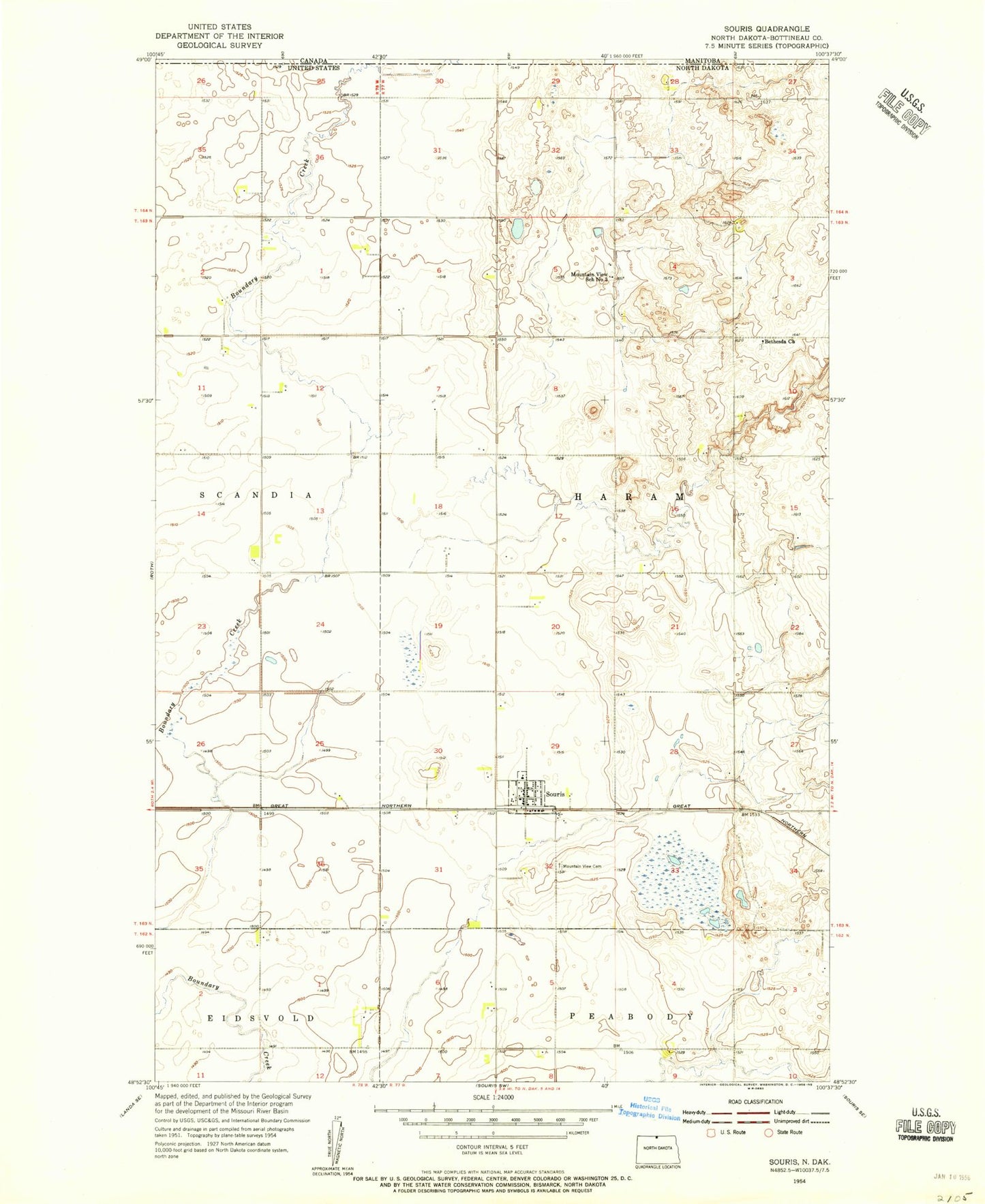 Classic USGS Souris North Dakota 7.5'x7.5' Topo Map Image