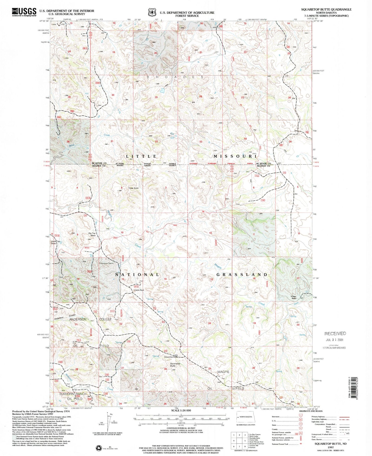 Classic USGS Squaretop Butte North Dakota 7.5'x7.5' Topo Map Image