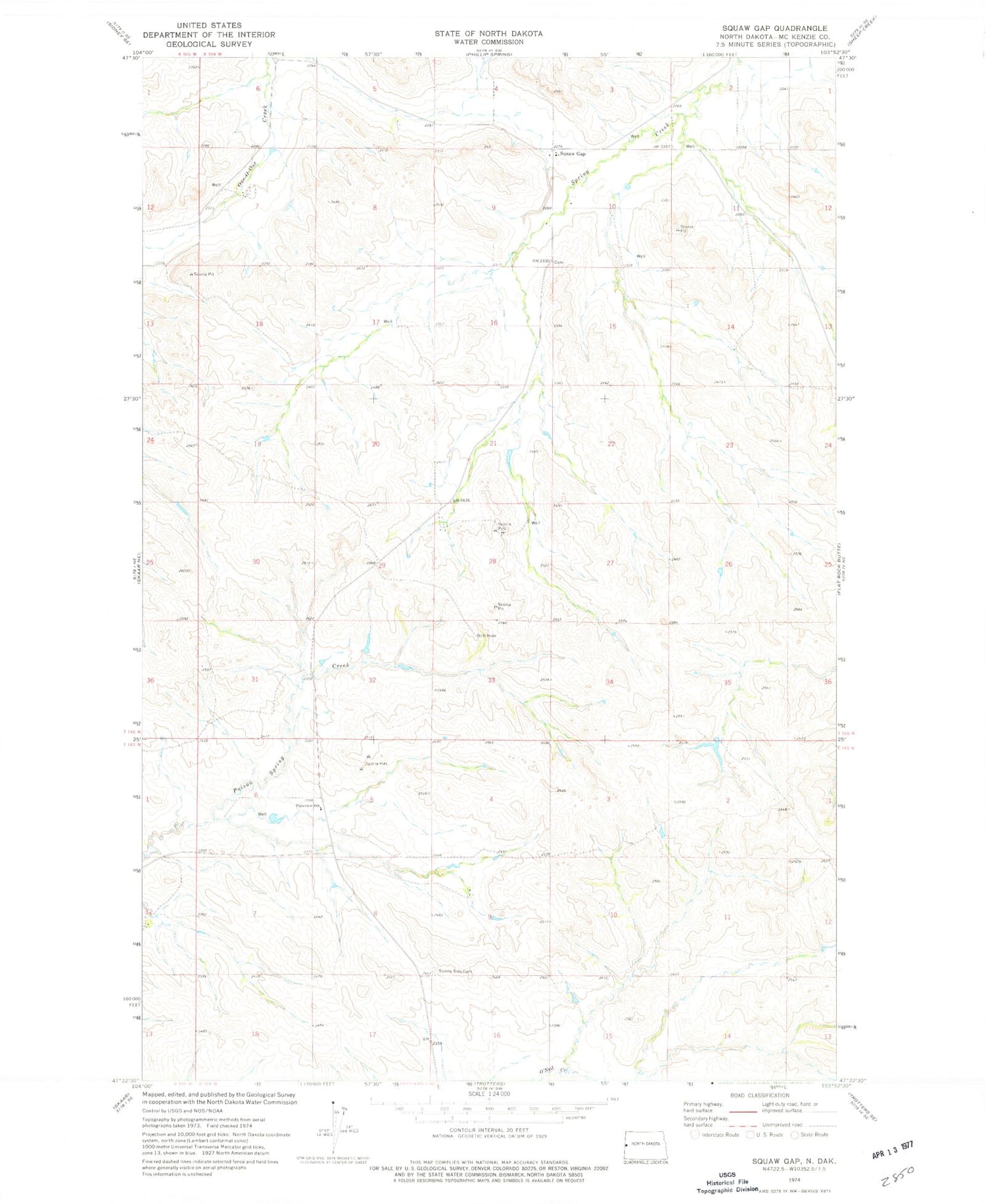 Classic USGS Squaw Gap North Dakota 7.5'x7.5' Topo Map Image