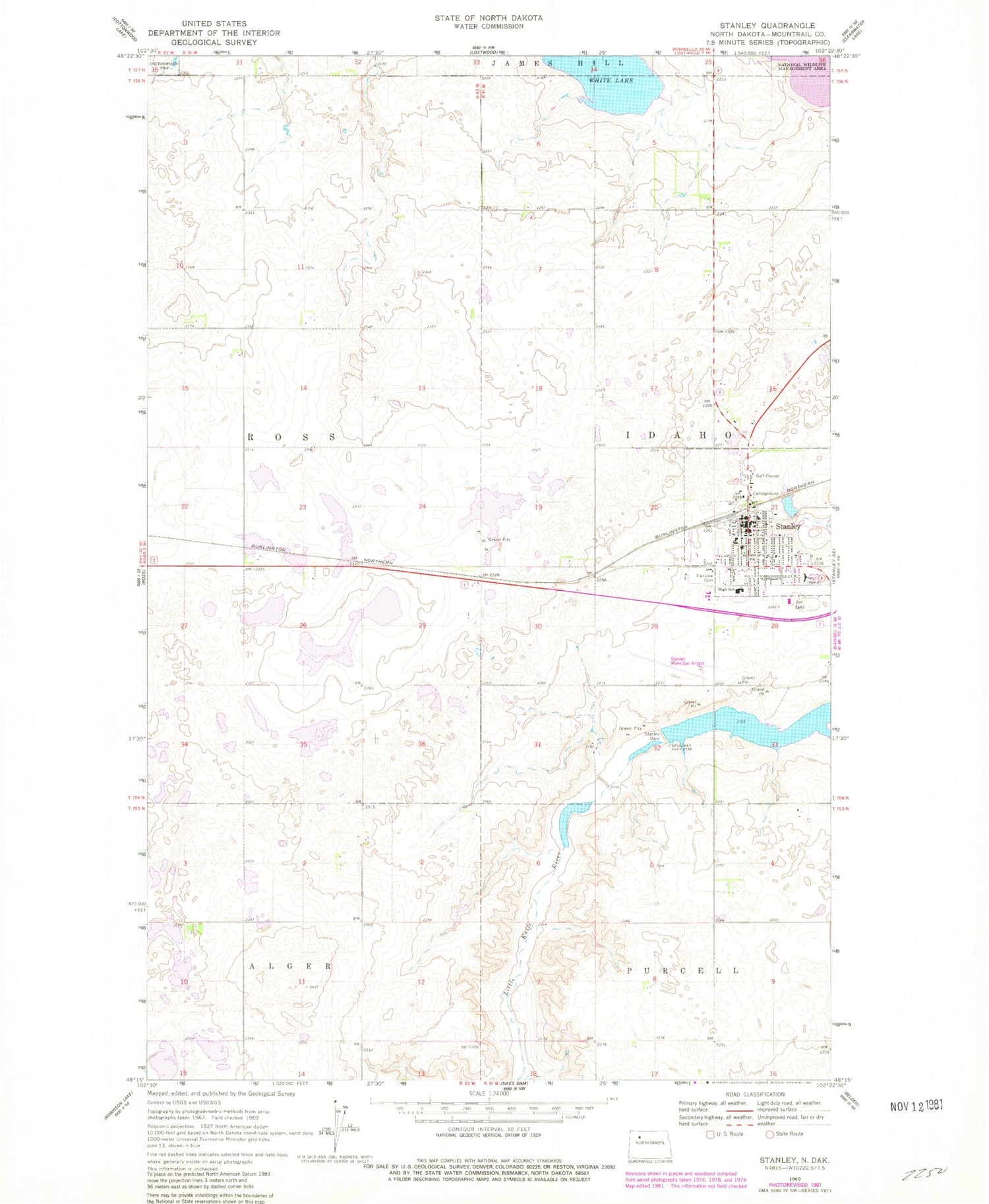 Classic USGS Stanley North Dakota 7.5'x7.5' Topo Map Image
