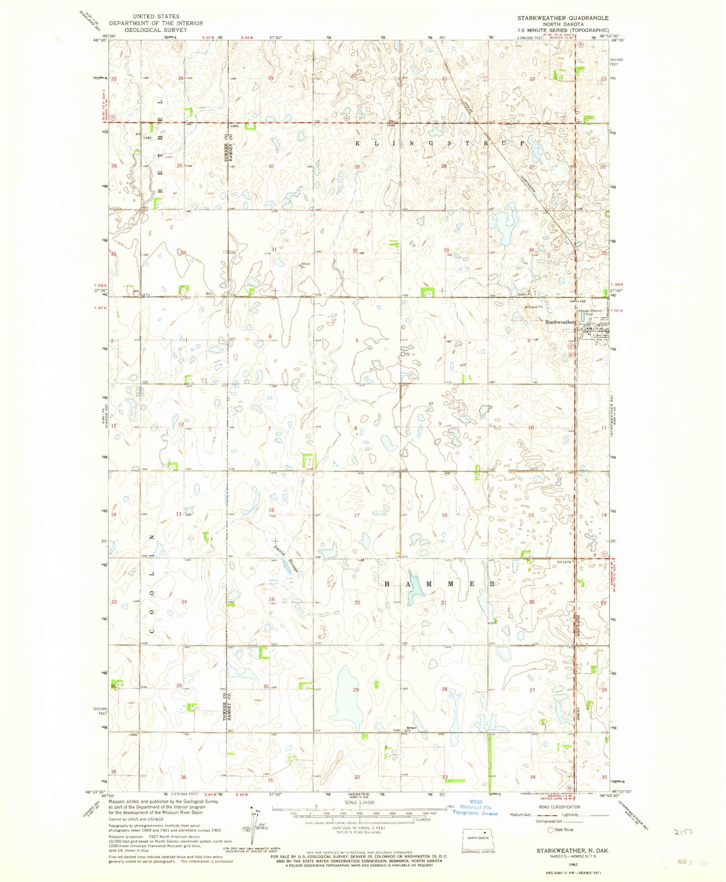 Classic USGS Starkweather North Dakota 7.5'x7.5' Topo Map Image