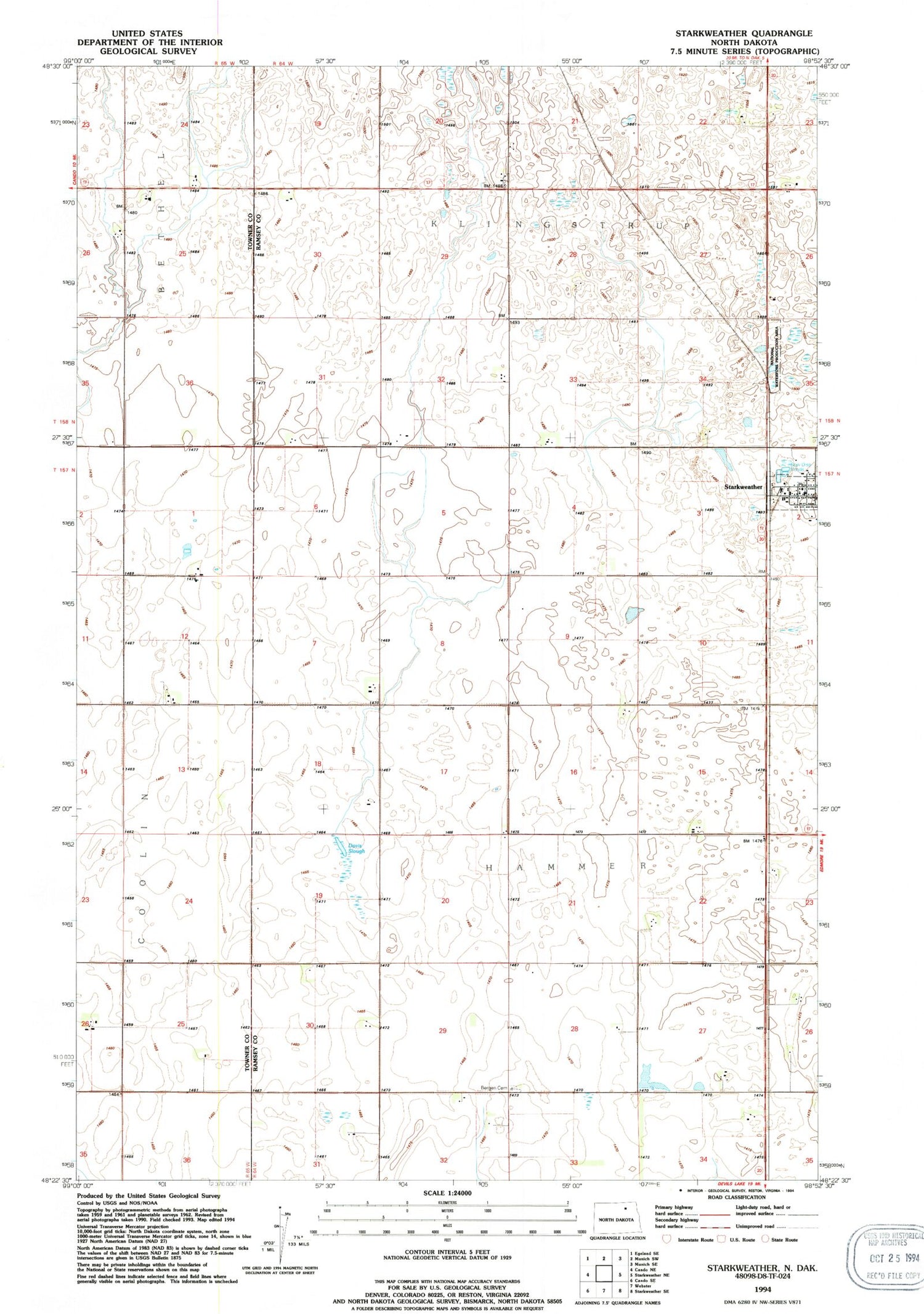 Classic USGS Starkweather North Dakota 7.5'x7.5' Topo Map Image