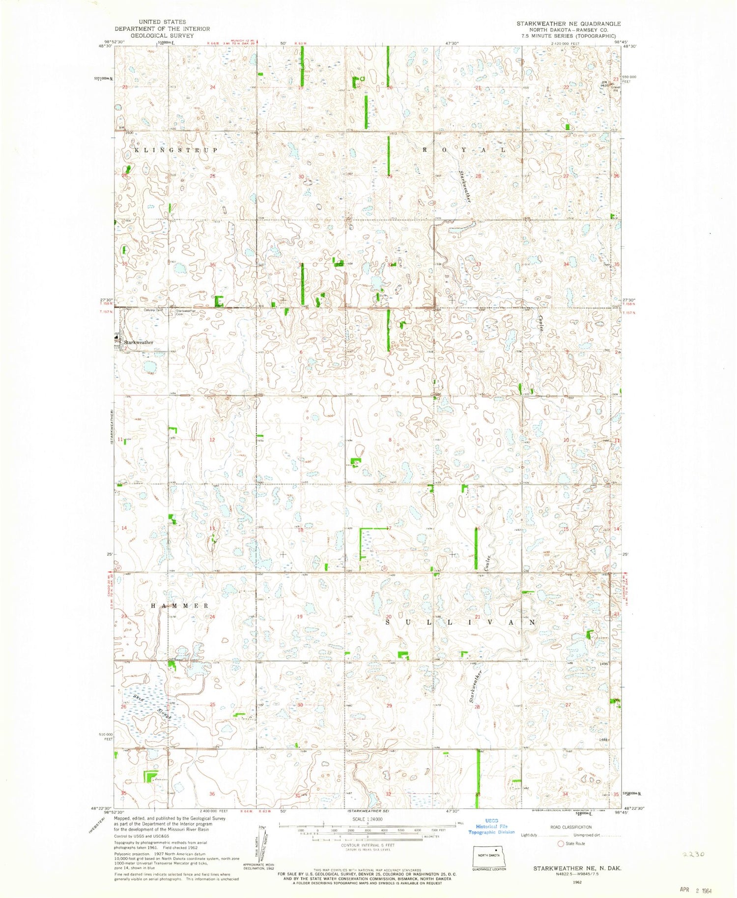 Classic USGS Starkweather NE North Dakota 7.5'x7.5' Topo Map Image