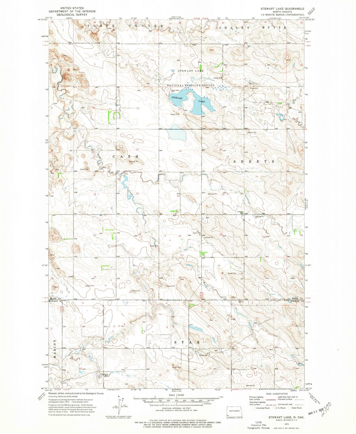 Classic USGS Stewart Lake North Dakota 7.5'x7.5' Topo Map Image