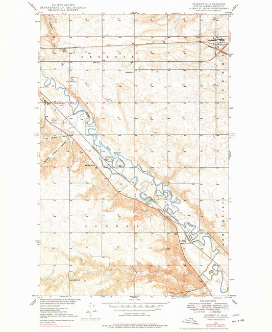 Classic USGS Surrey North Dakota 7.5'x7.5' Topo Map Image