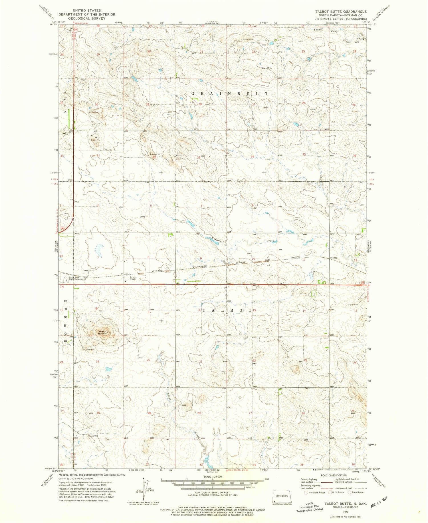 Classic USGS Talbot Butte North Dakota 7.5'x7.5' Topo Map Image