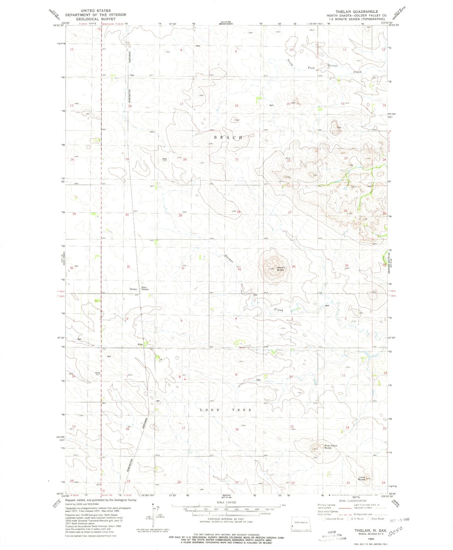 Classic USGS Thelan North Dakota 7.5'x7.5' Topo Map Image