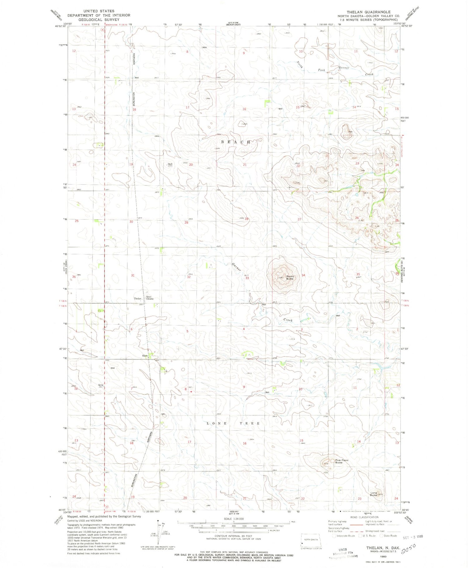 Classic USGS Thelan North Dakota 7.5'x7.5' Topo Map Image