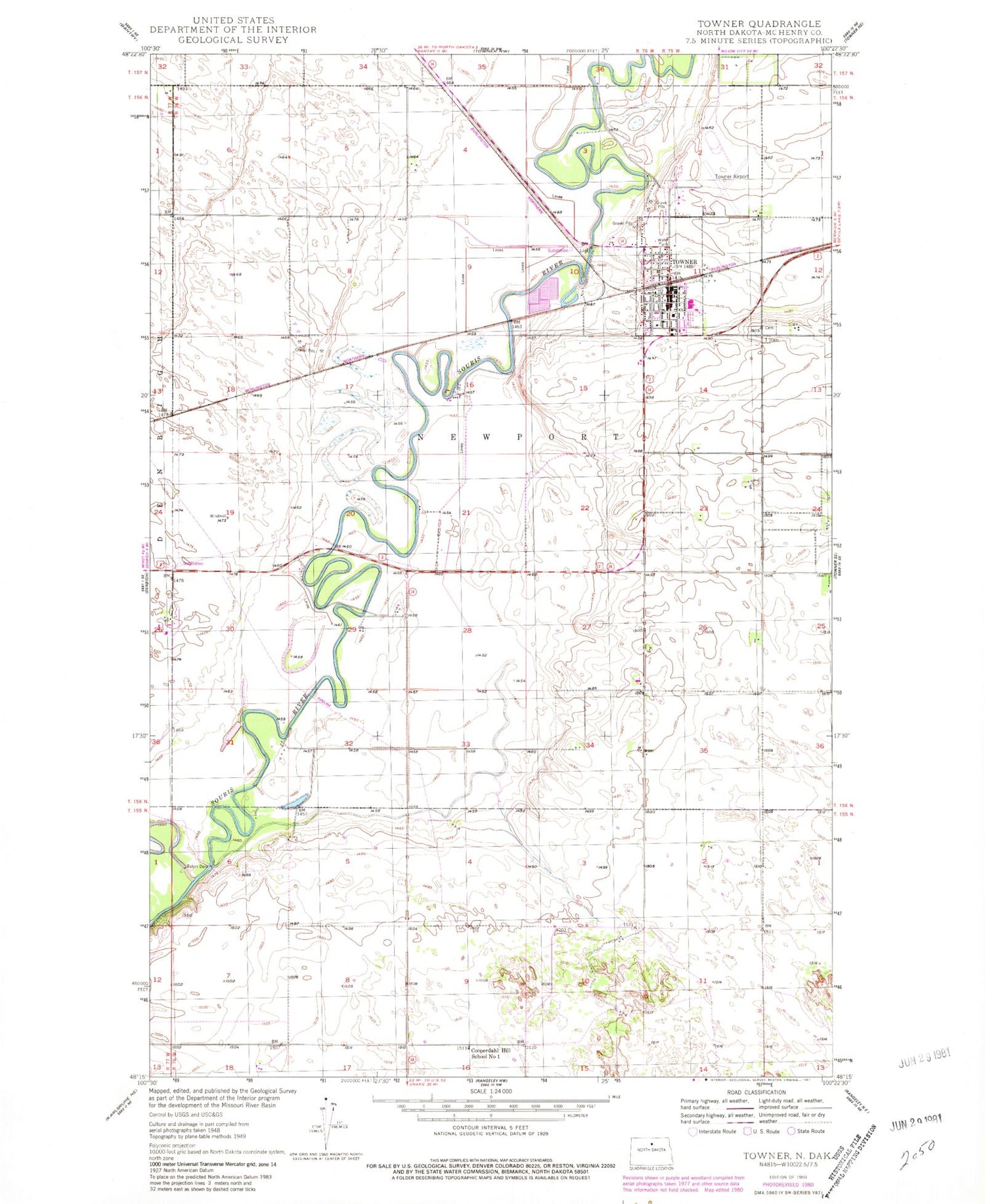 Classic USGS Towner North Dakota 7.5'x7.5' Topo Map Image